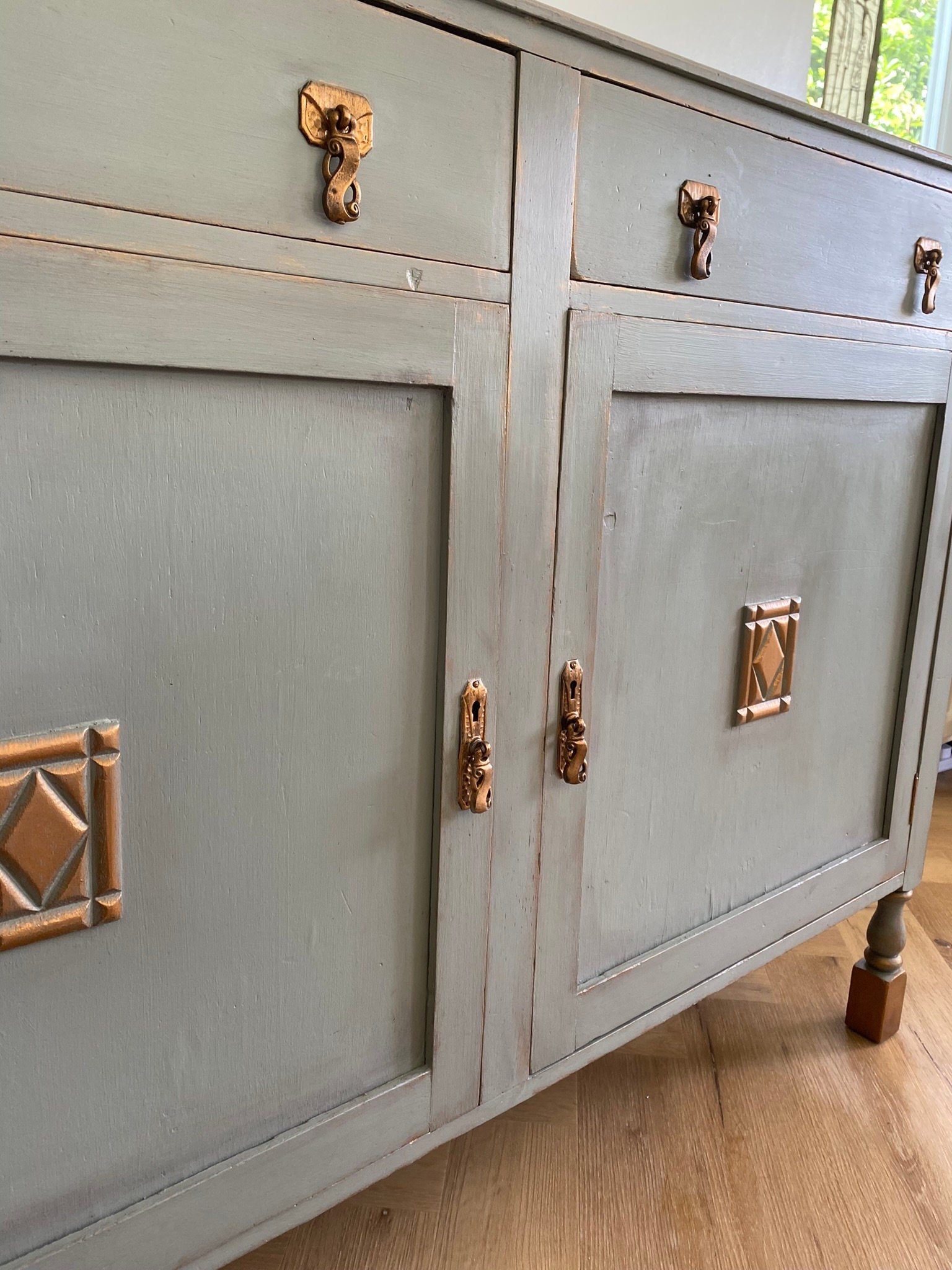 Refurbished antique sideboard, painted green grey, bronze detail