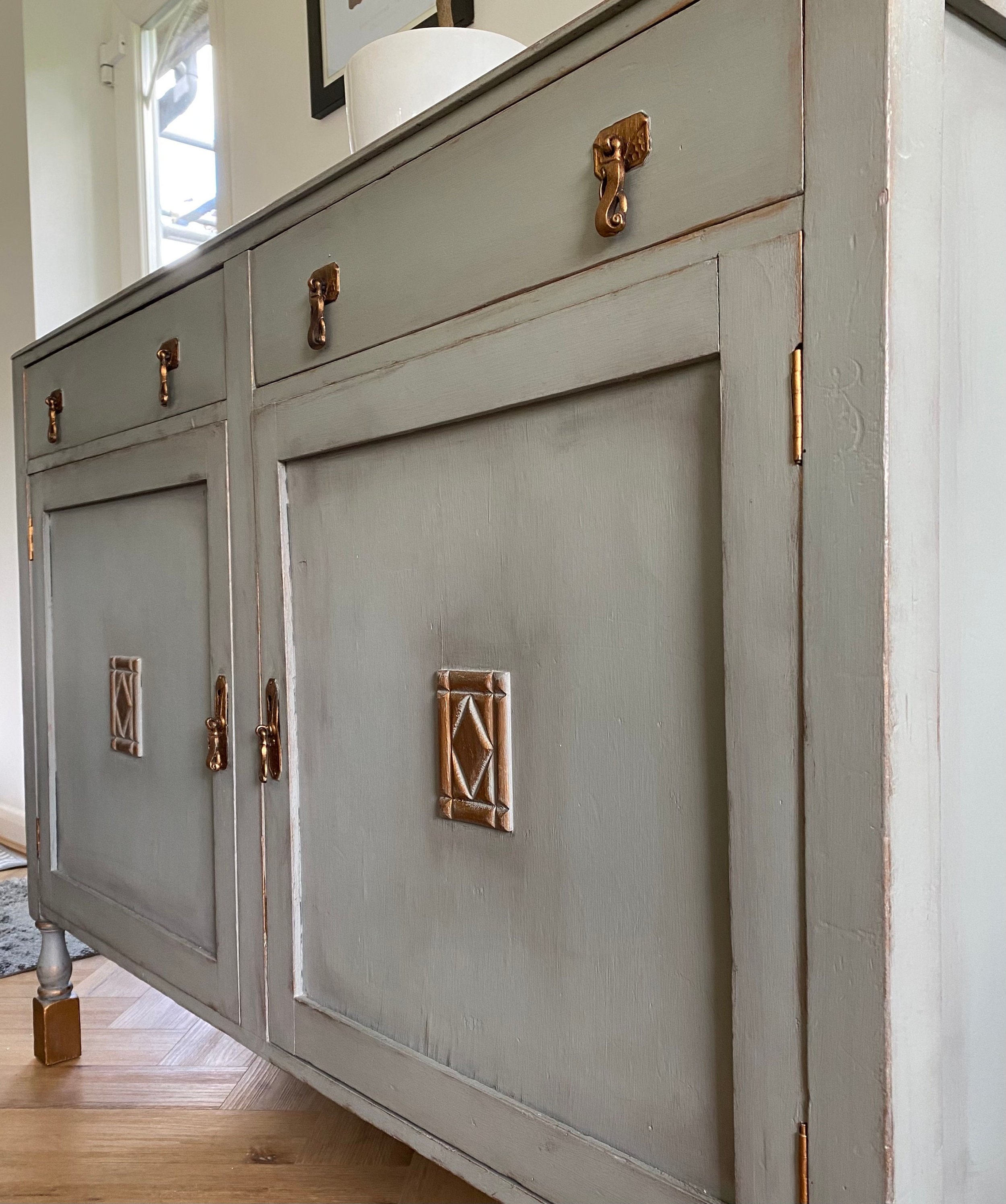 Refurbished antique sideboard, painted green grey, bronze detail