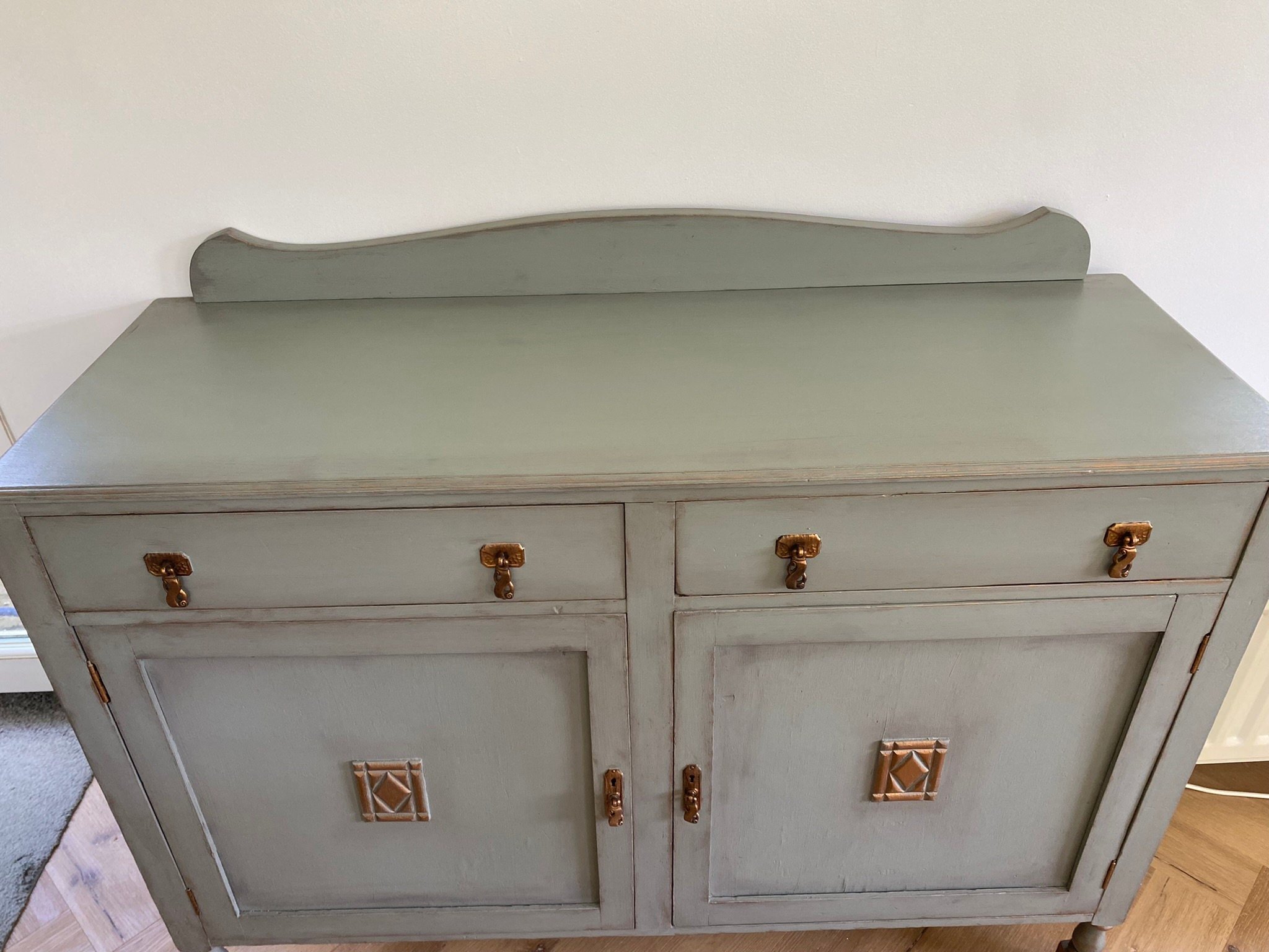 Refurbished antique sideboard, painted green grey, bronze detail
