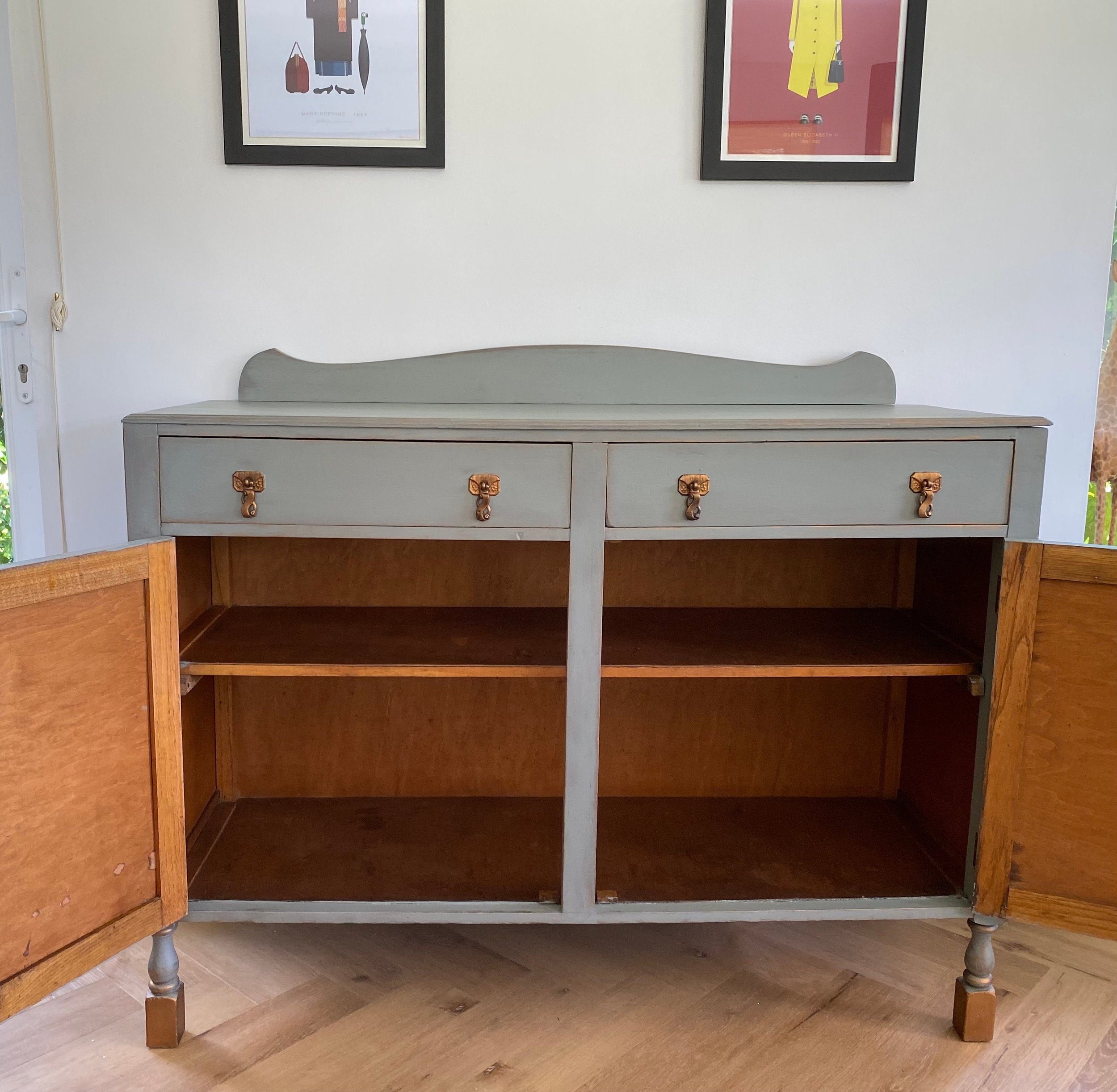 Refurbished antique sideboard, painted green grey, bronze detail
