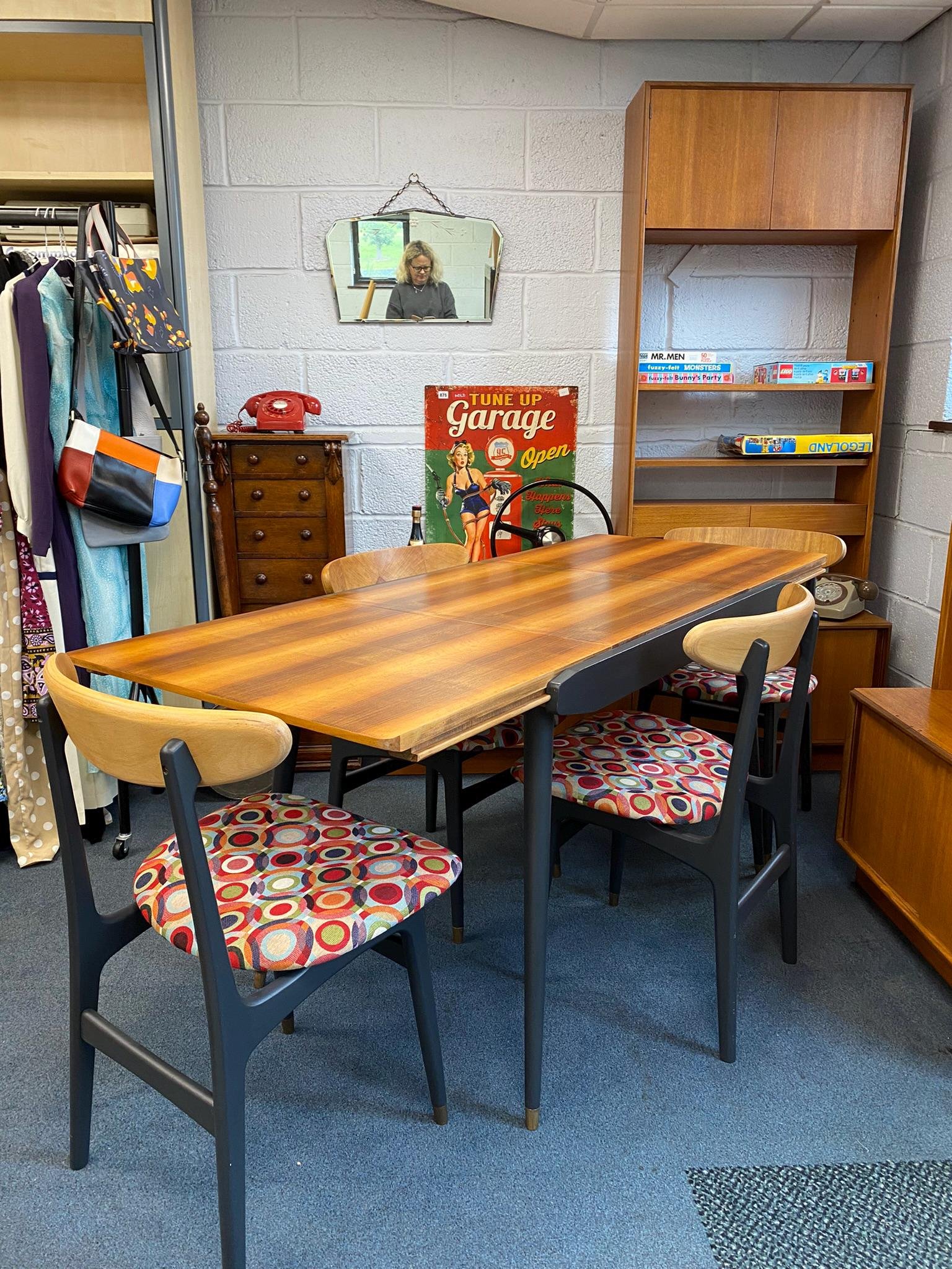 Restored and restyled mid century Danish style teak extending table and four butterfly style chairs