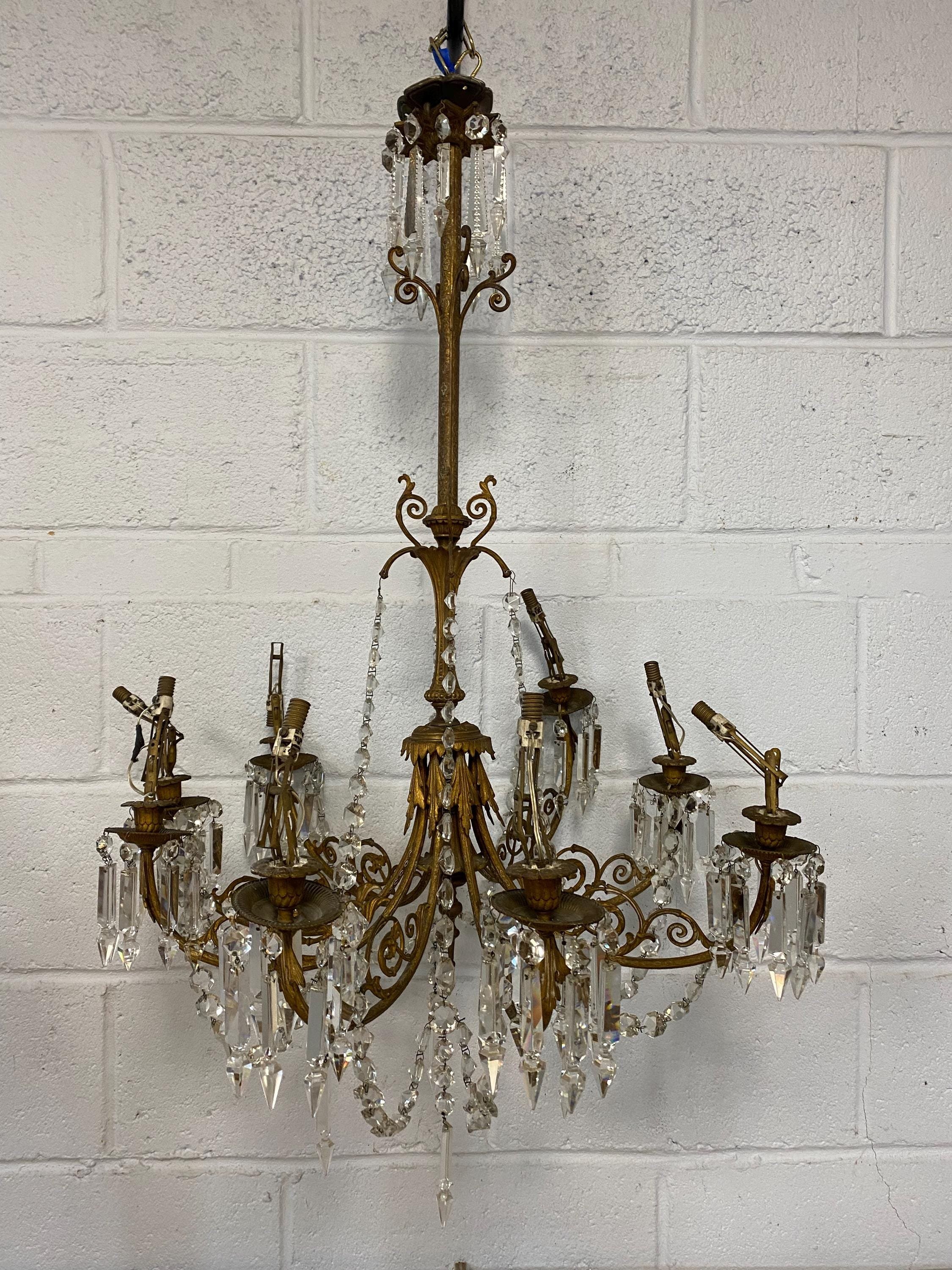 Antique Victorian eight arm crystal brass chandelier