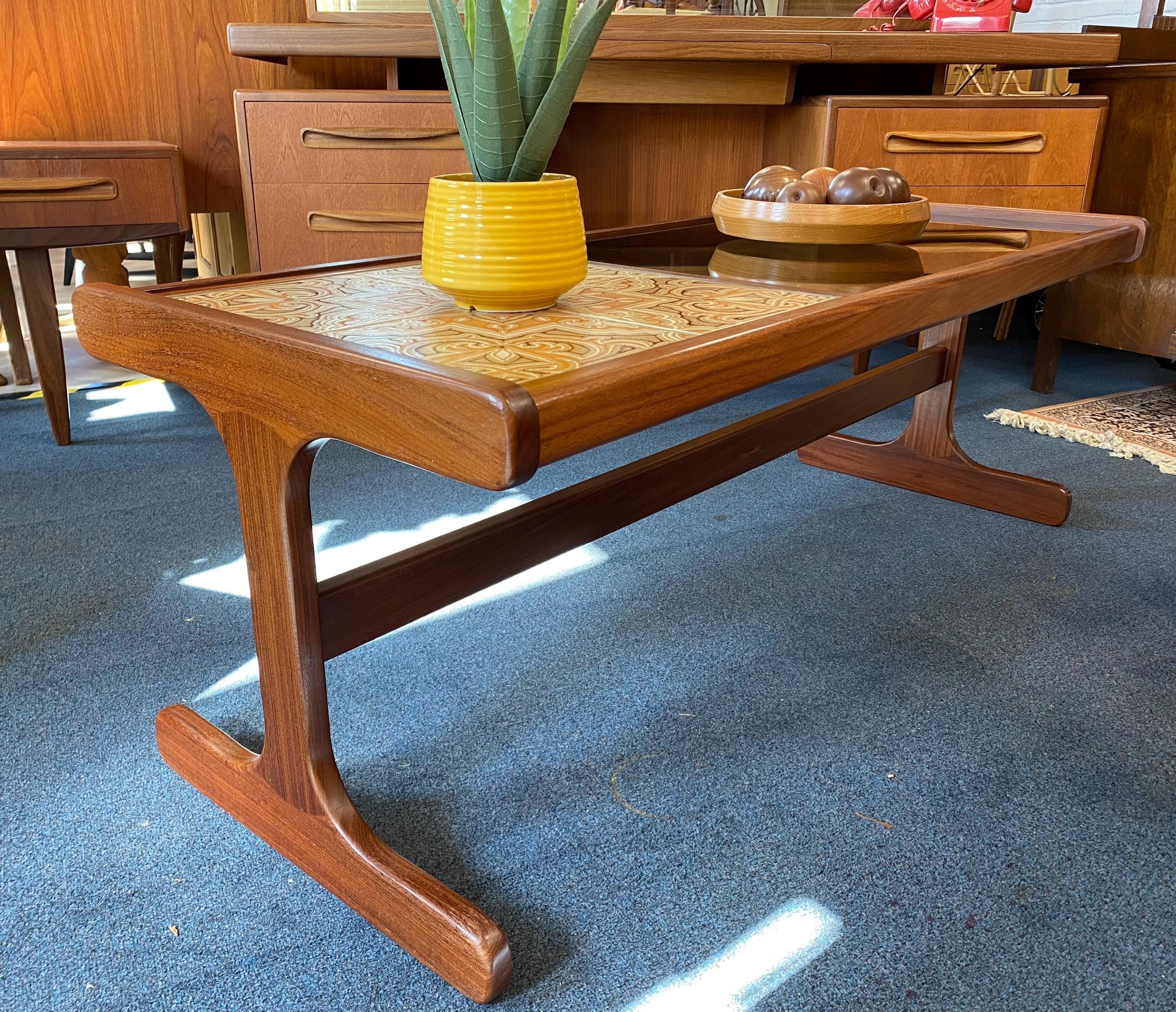 Mid century Danish style teak G Plan rectangular tiled and smoked glass coffee table, perfect condition
