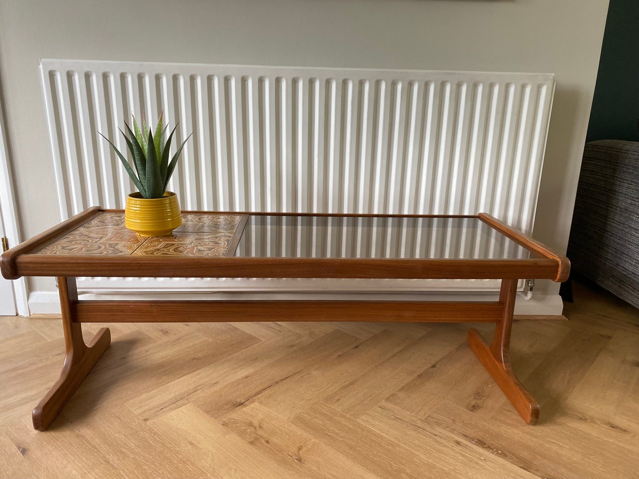 Mid century Danish style teak G Plan rectangular tiled and smoked glass coffee table, perfect condition