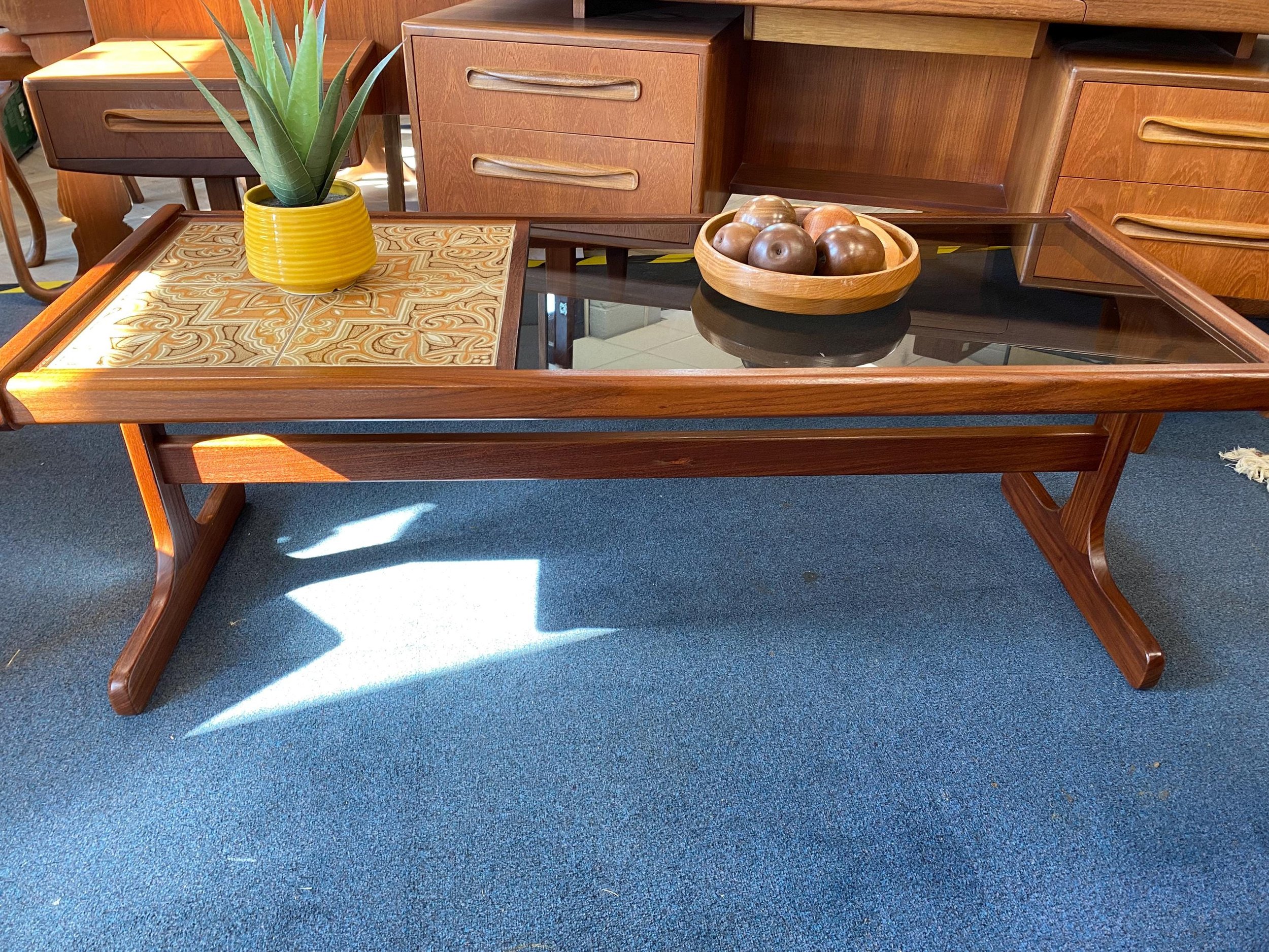 Mid century Danish style teak G Plan rectangular tiled and smoked glass coffee table, perfect condition