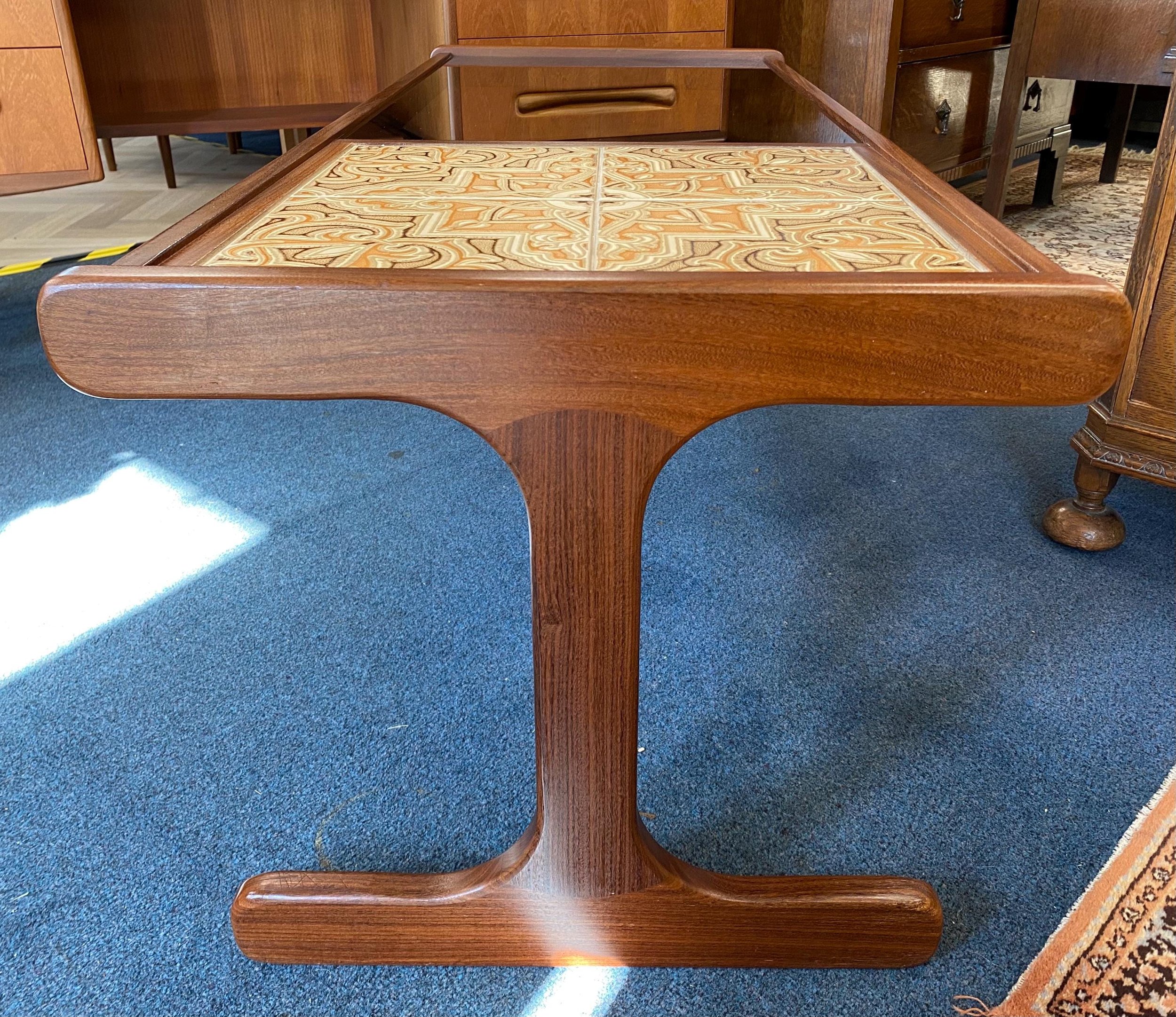 Mid century Danish style teak G Plan rectangular tiled and smoked glass coffee table, perfect condition