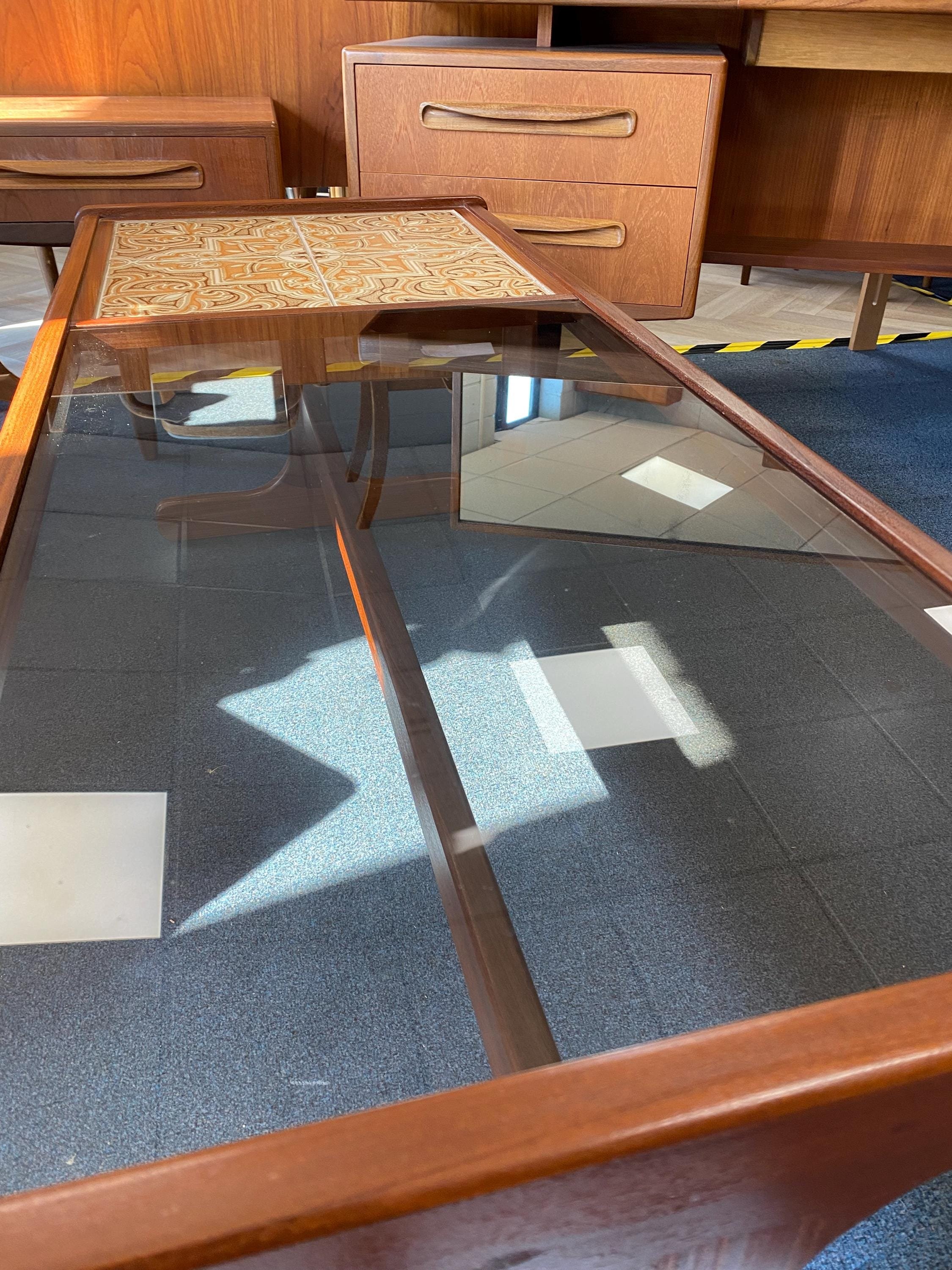 Mid century Danish style teak G Plan rectangular tiled and smoked glass coffee table, perfect condition