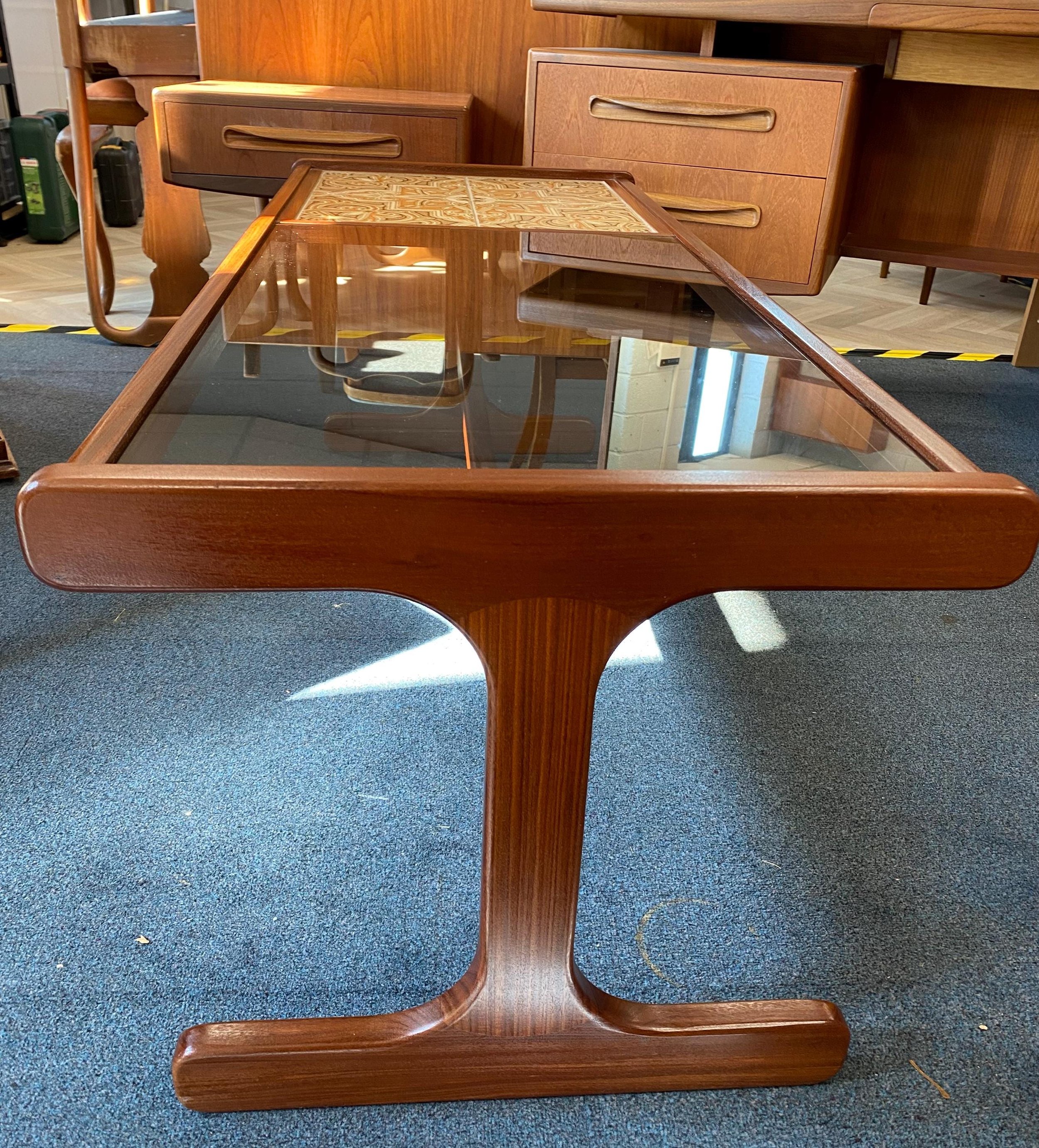 Mid century Danish style teak G Plan rectangular tiled and smoked glass coffee table, perfect condition