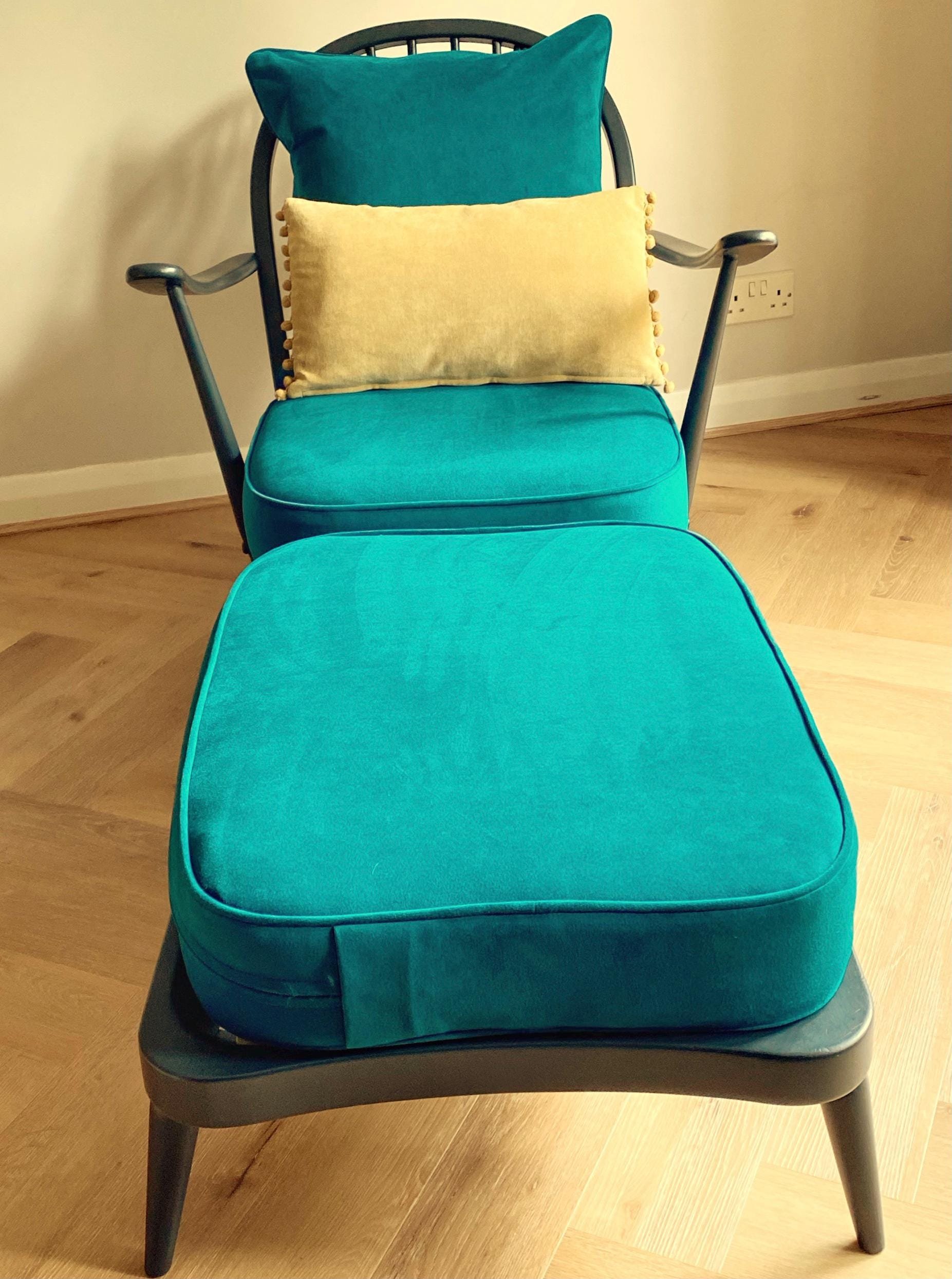 Refurbished mid century vintage Ercol Windsor armchair with footstool grey teal blue green velvet