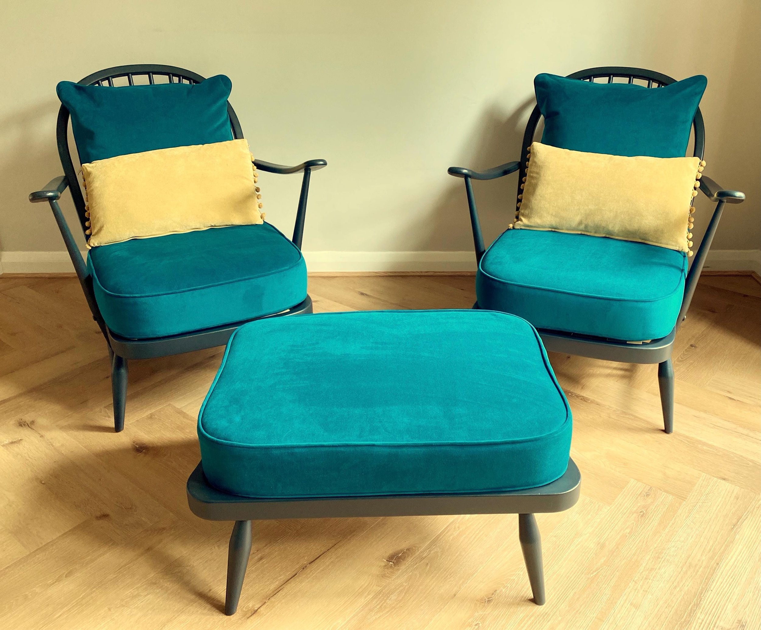 Refurbished mid century vintage Ercol Windsor armchair with footstool grey teal blue green velvet