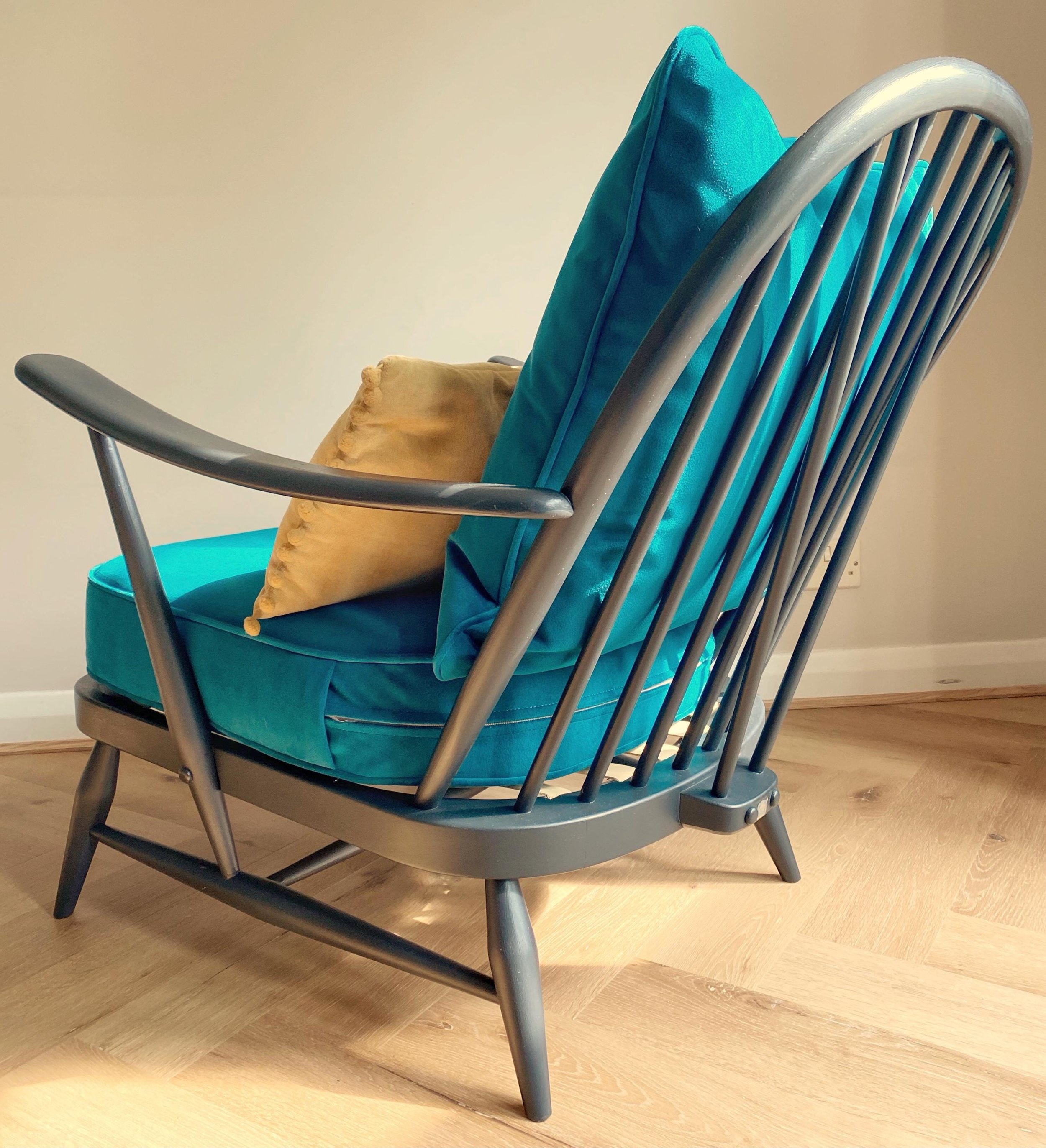 Refurbished mid century vintage Ercol Windsor armchair with footstool grey teal blue green velvet