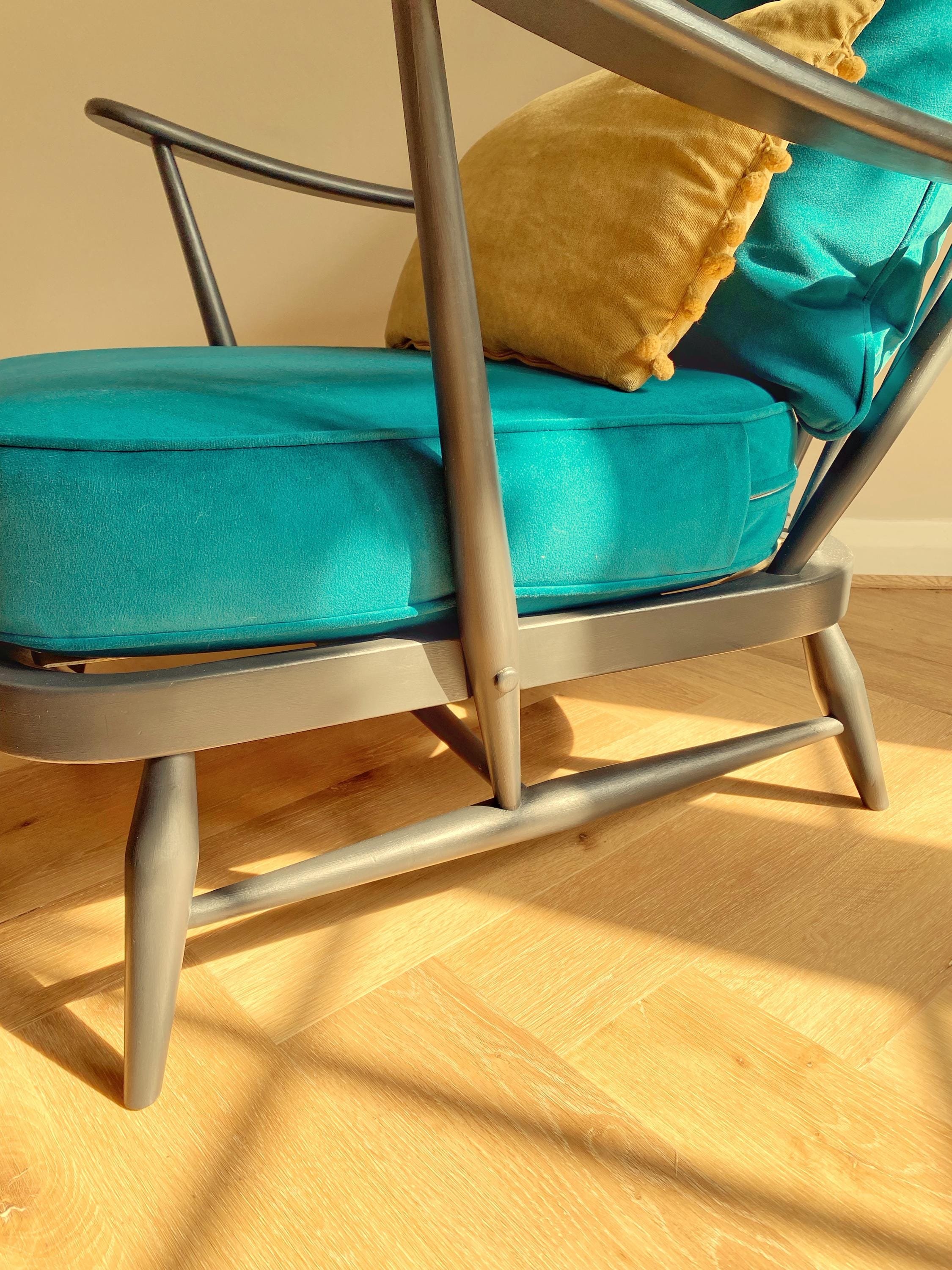 Refurbished mid century vintage Ercol Windsor armchair with footstool grey teal blue green velvet