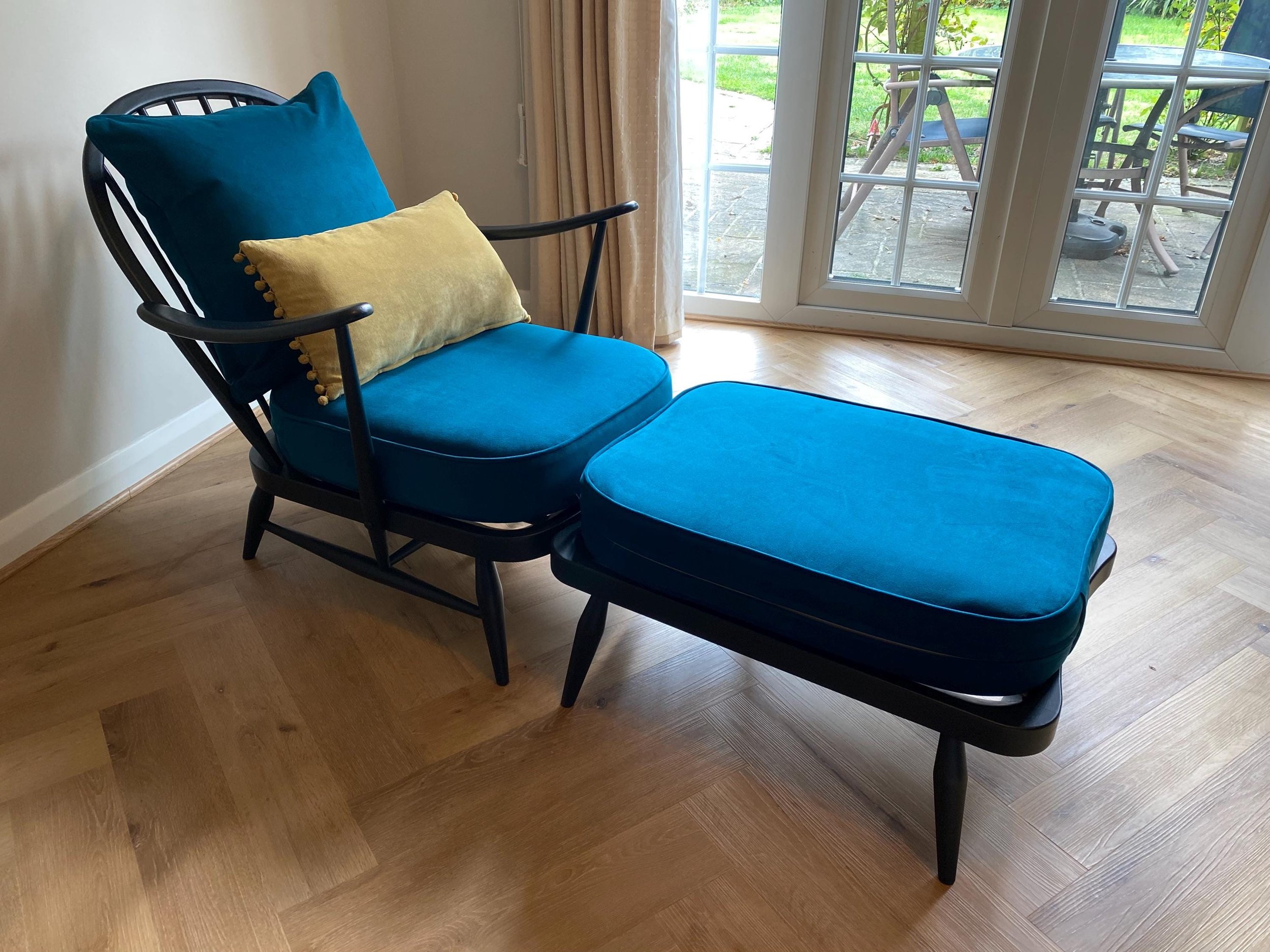 Refurbished mid century vintage Ercol Windsor armchair with footstool grey teal blue green velvet