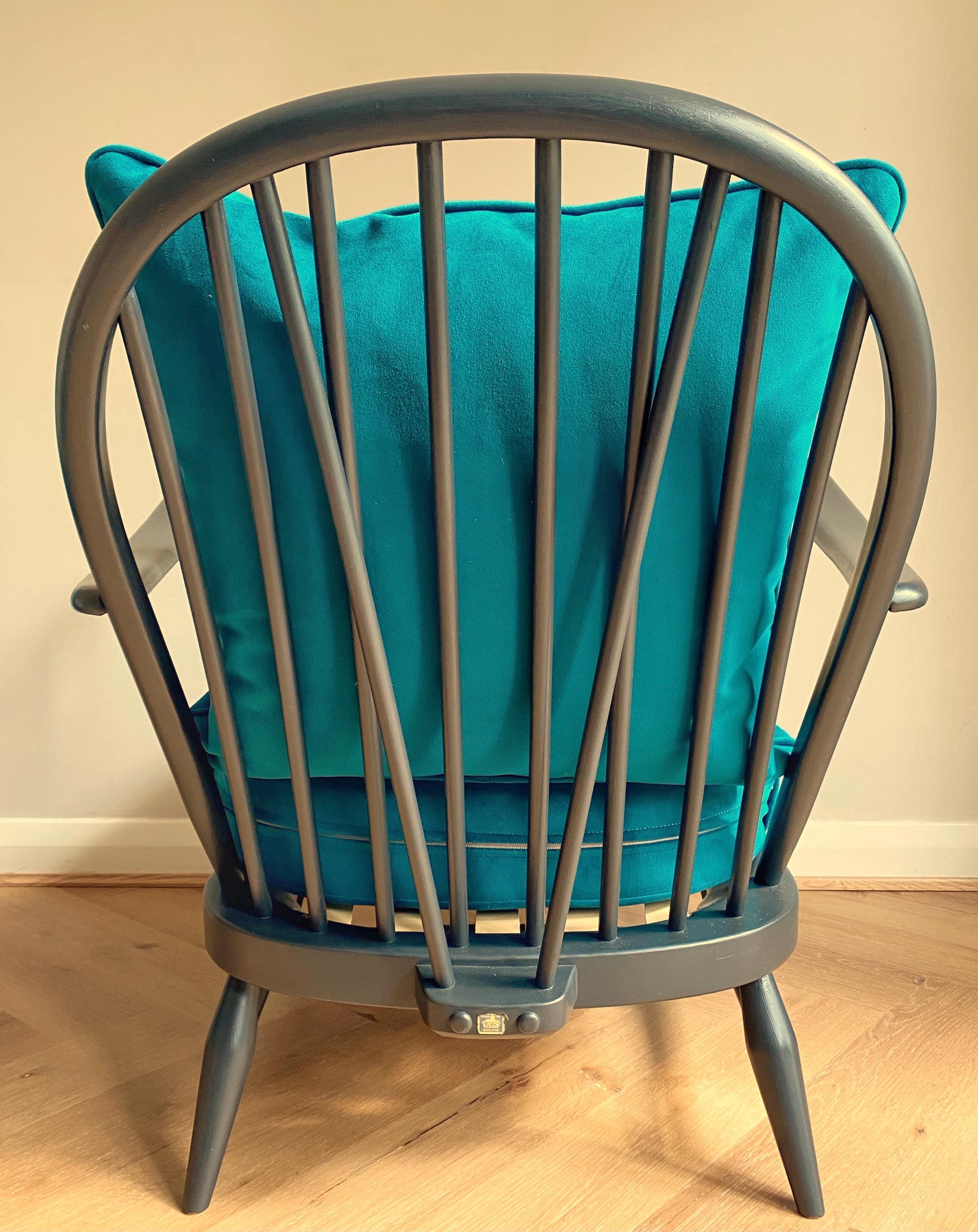 Refurbished mid century vintage Ercol Windsor armchair grey teal blue green velvet