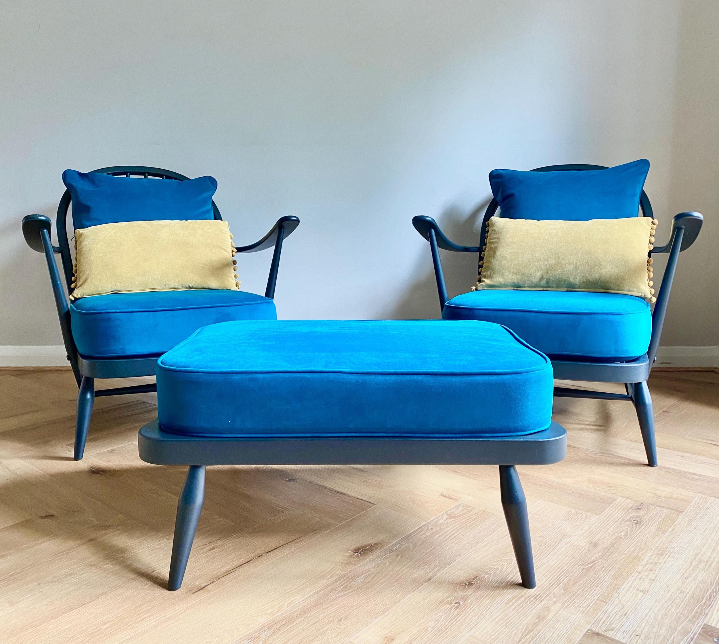 Refurbished mid century vintage Ercol Windsor armchair grey teal blue green velvet