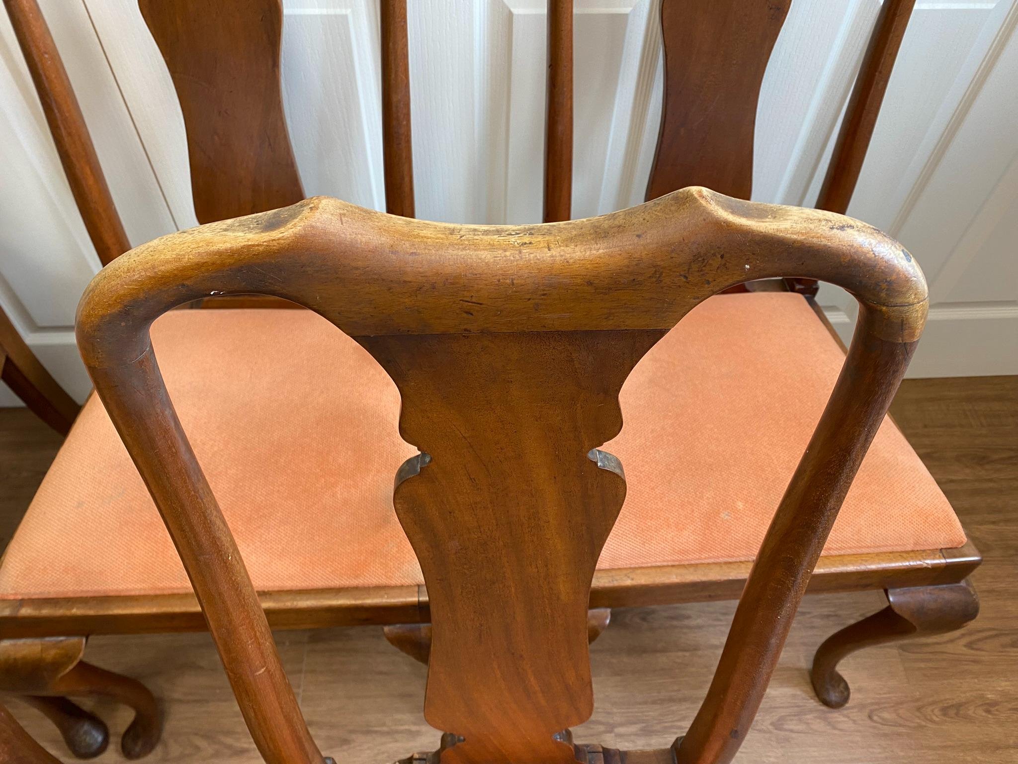 Five antique Victorian walnut JAS Shoolbred dining chairs