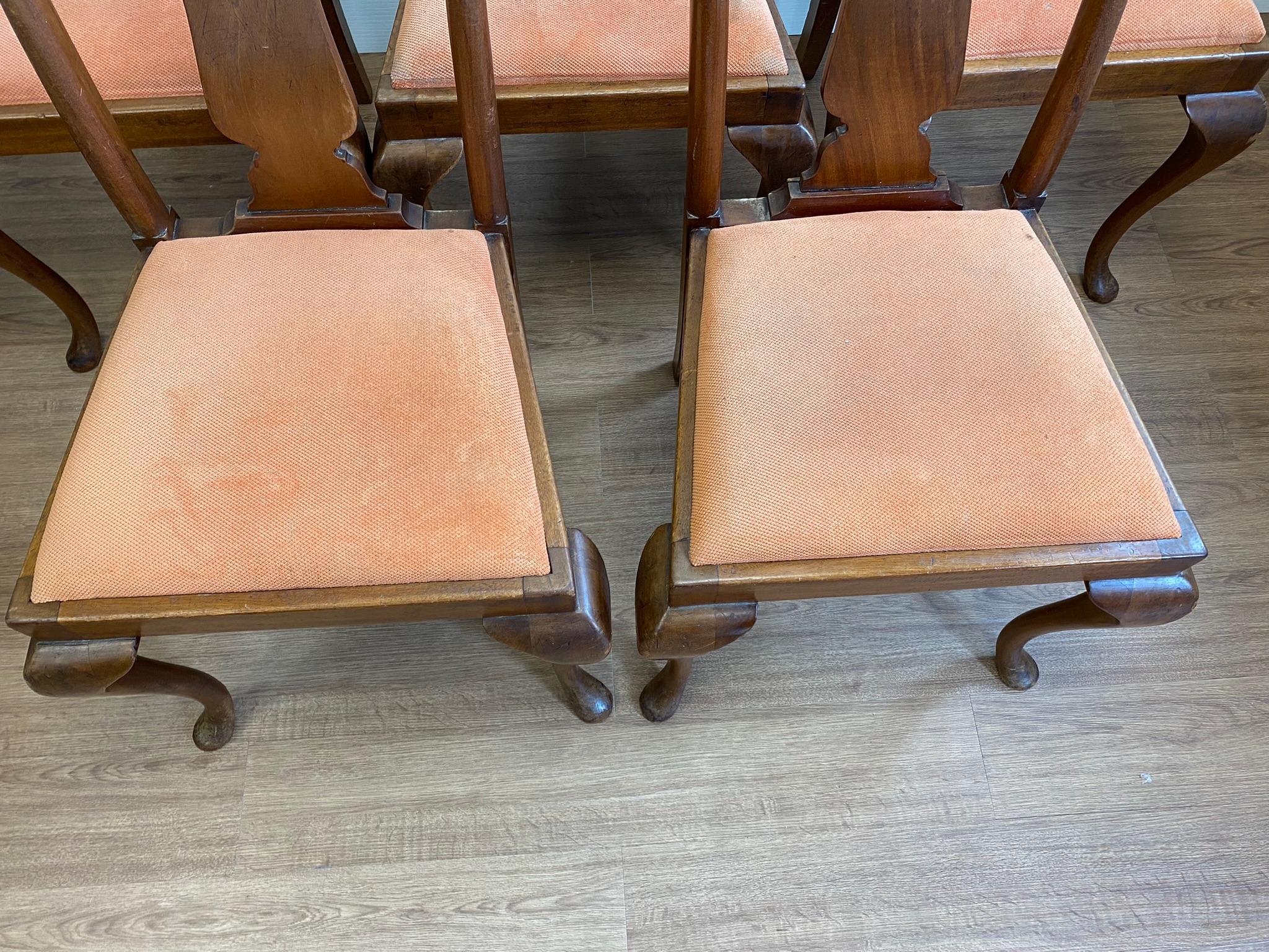 Five antique Victorian walnut JAS Shoolbred dining chairs