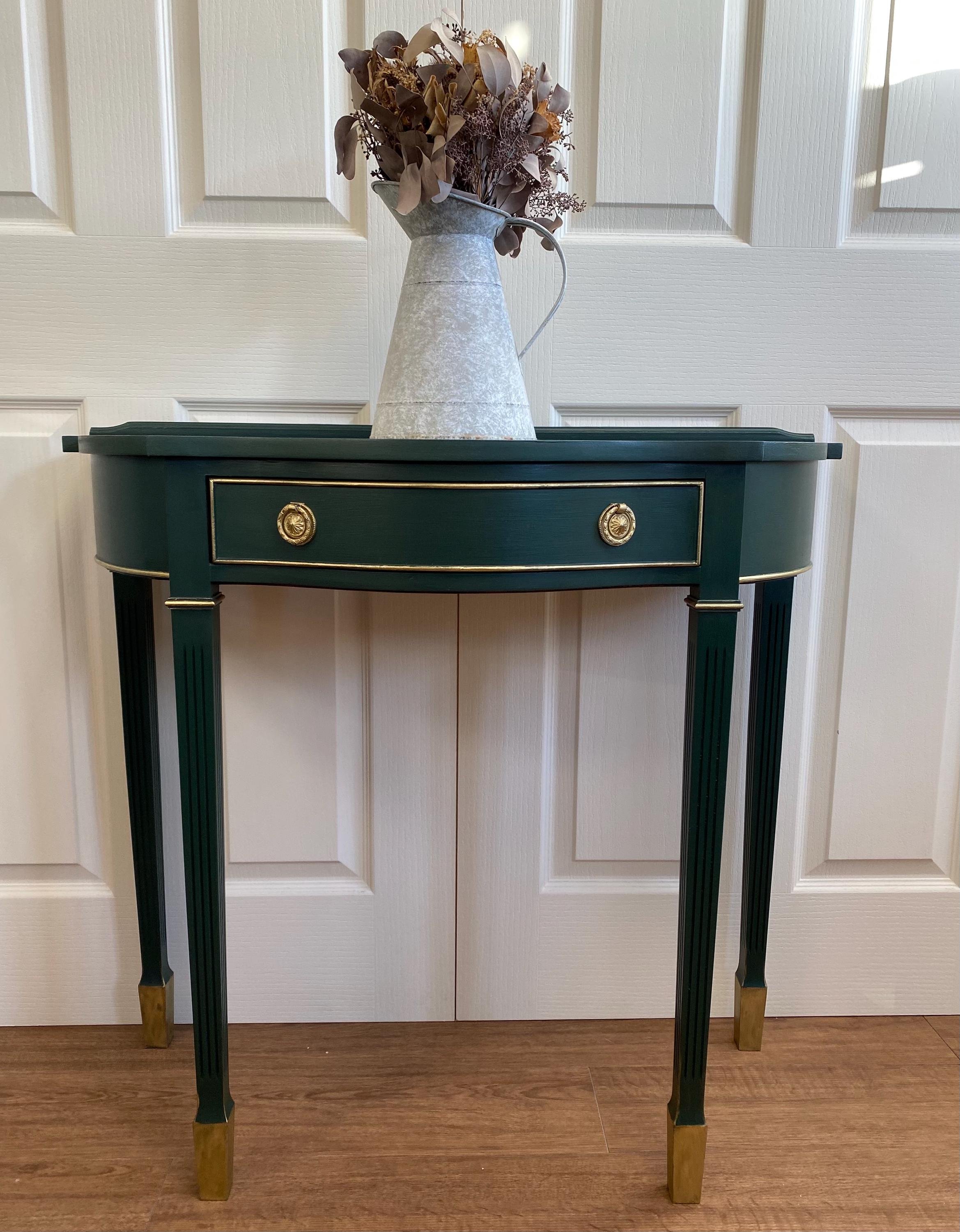 Refurbished half moon semi circular hall console table regency reproduction style green gold