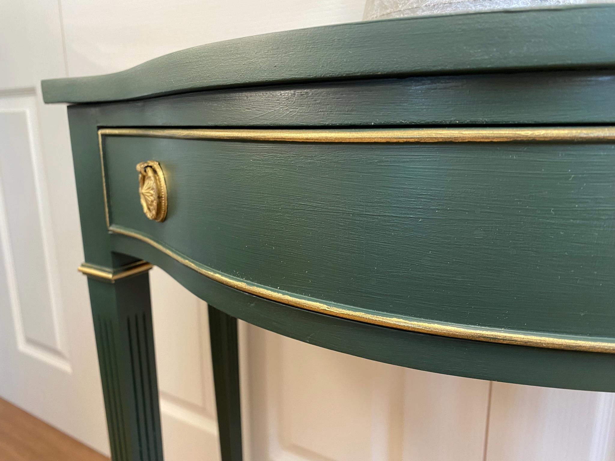 Refurbished half moon semi circular hall console table regency reproduction style green gold