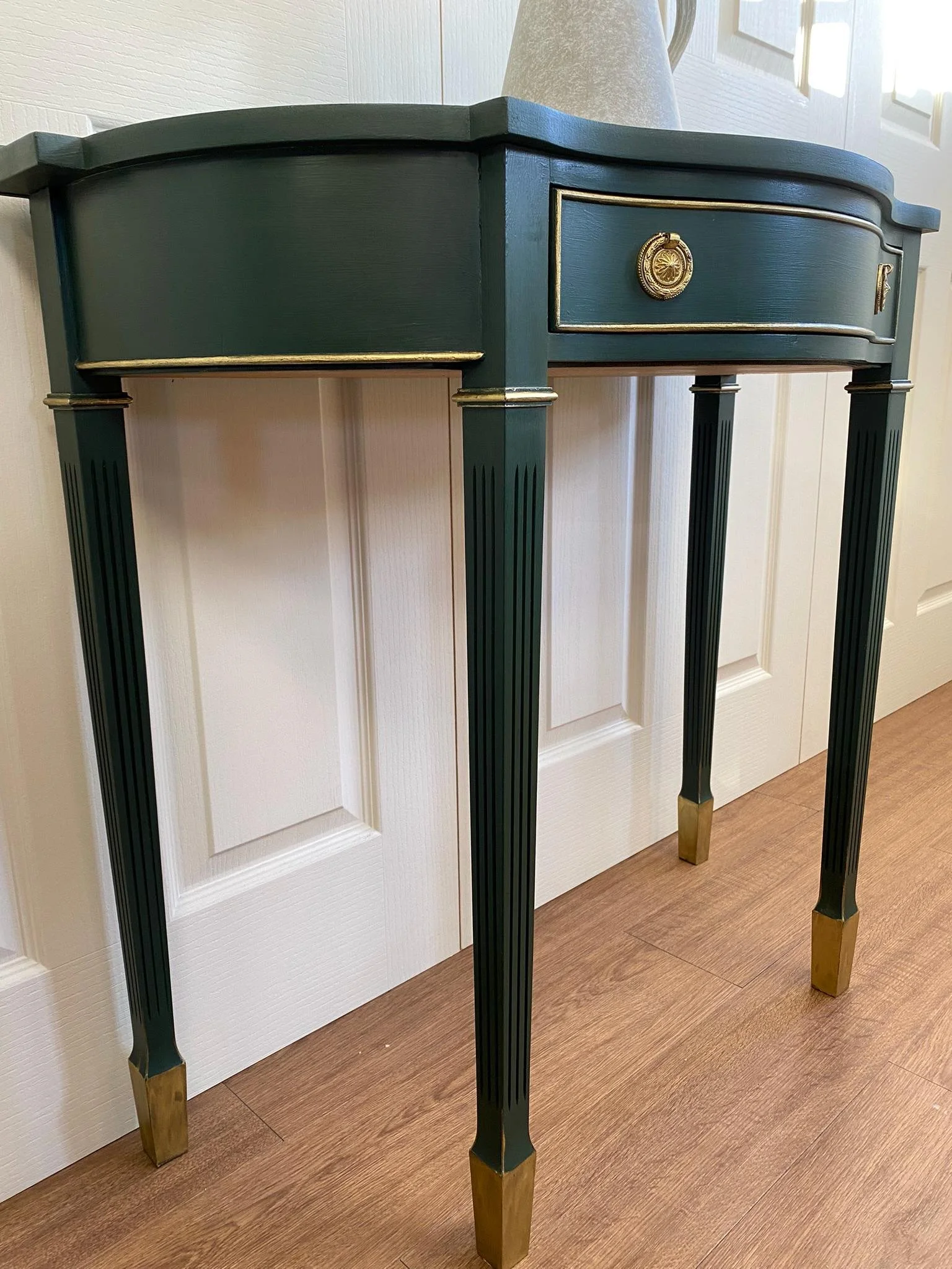 Refurbished half moon semi circular hall console table regency reproduction style green gold