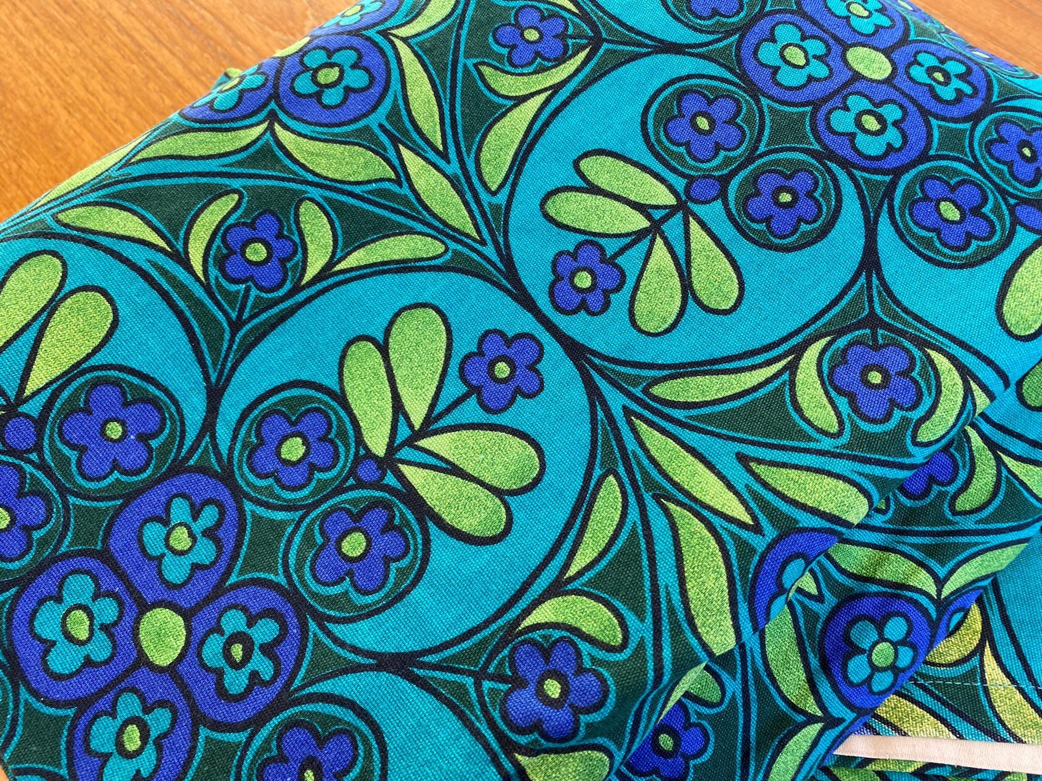 Pair of vintage retro 1970s curtains blue green floral