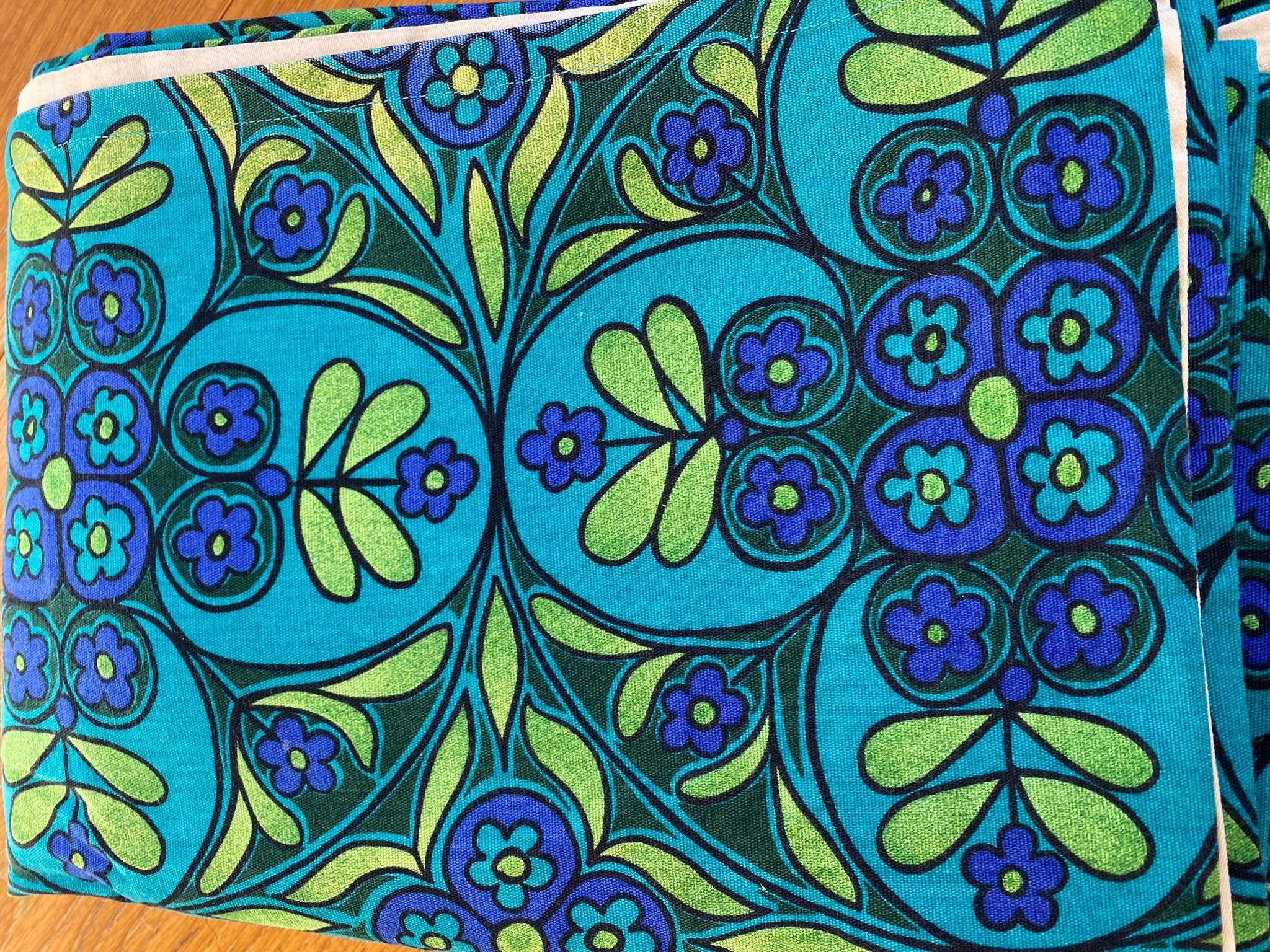 Pair of vintage retro 1970s curtains blue green floral