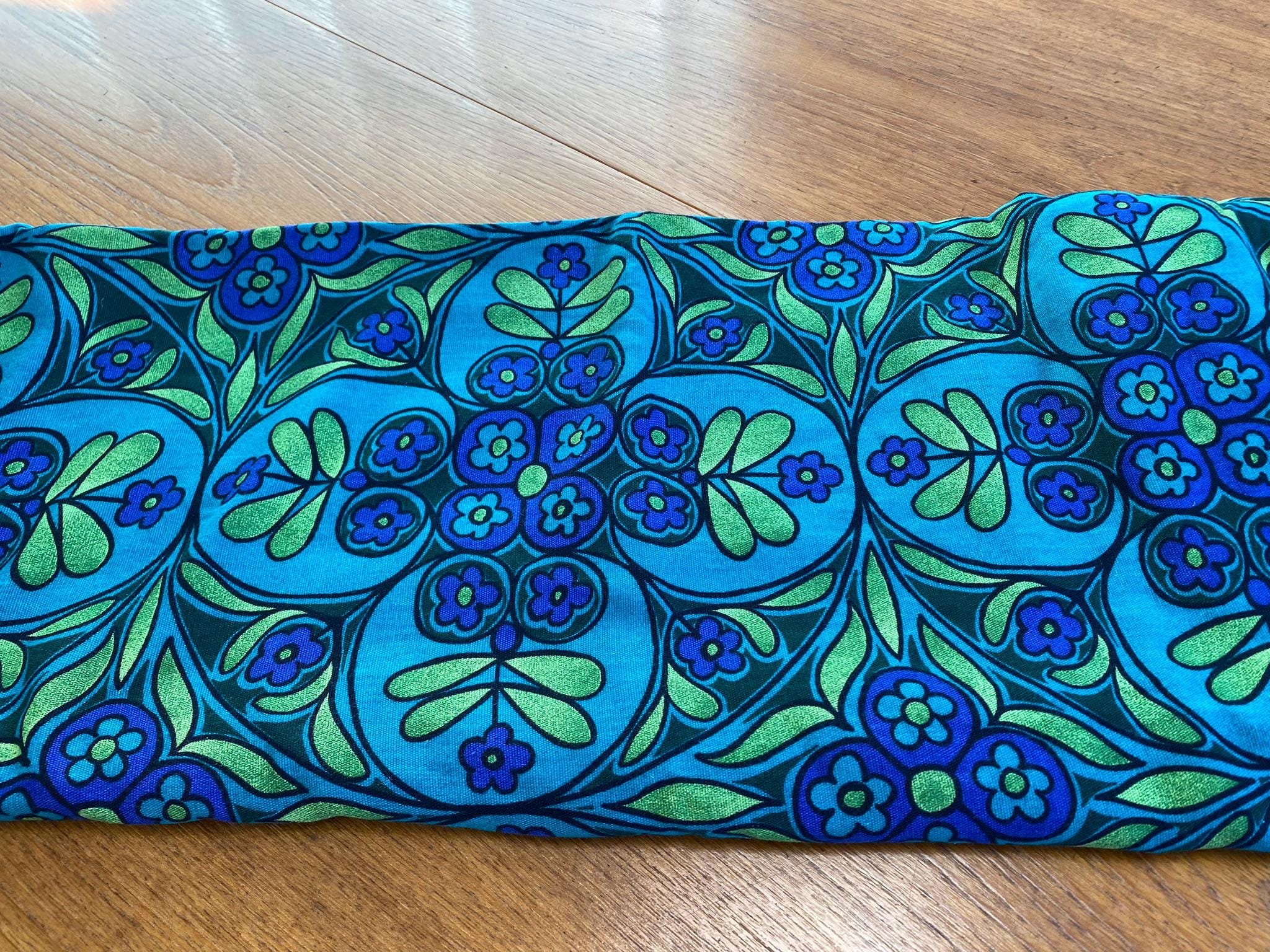 Pair of vintage retro 1970s curtains blue green floral