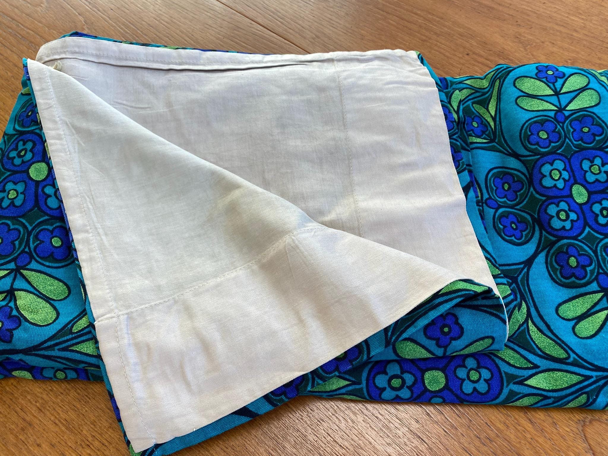 Pair of vintage retro 1970s curtains blue green floral