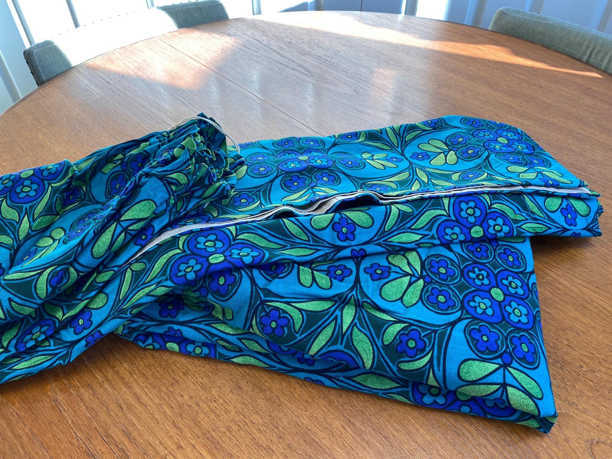 Pair of vintage retro 1970s curtains blue green floral