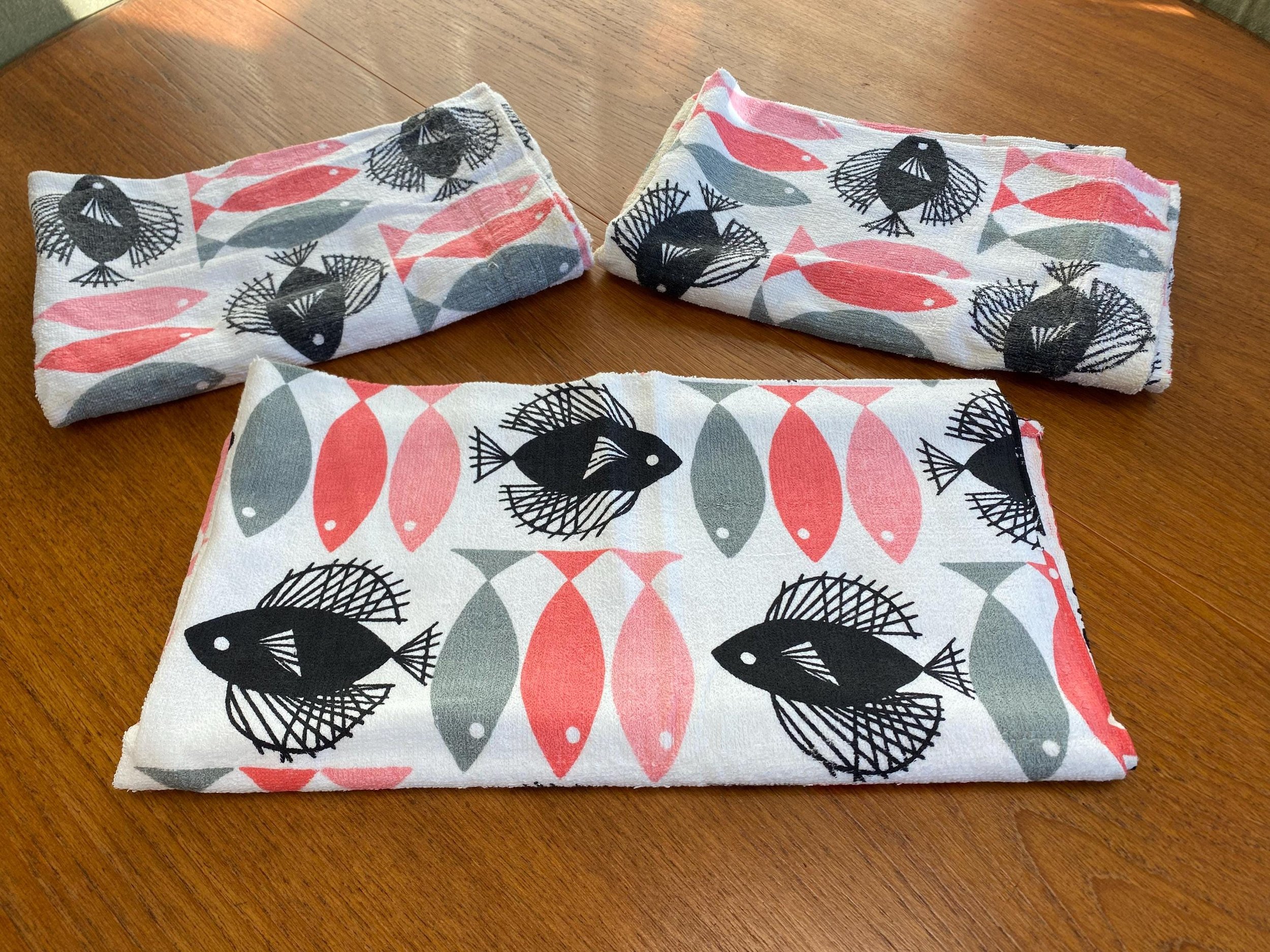 Three vintage retro 1970s towels pink black grey fish design