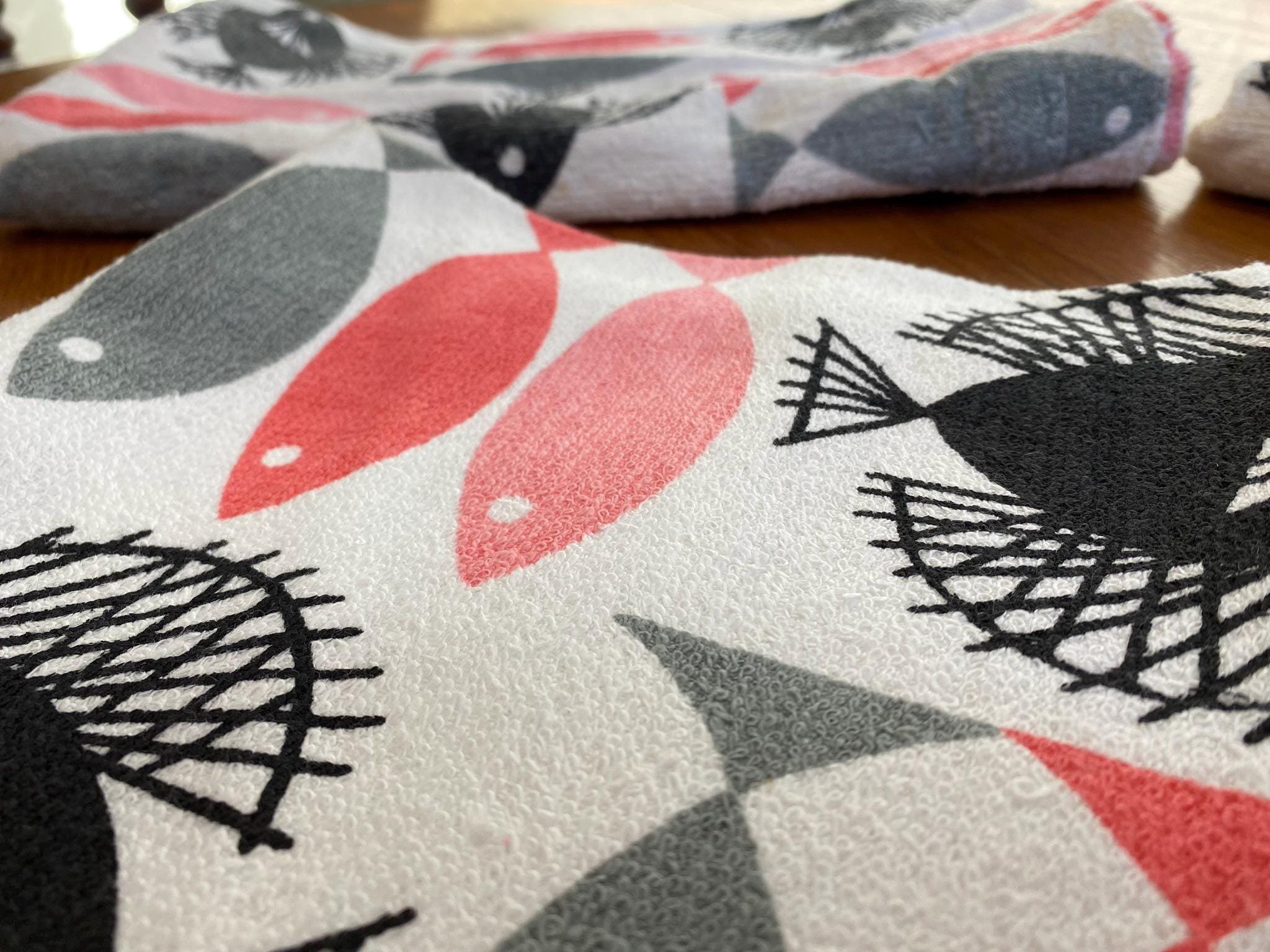Three vintage retro 1970s towels pink black grey fish design