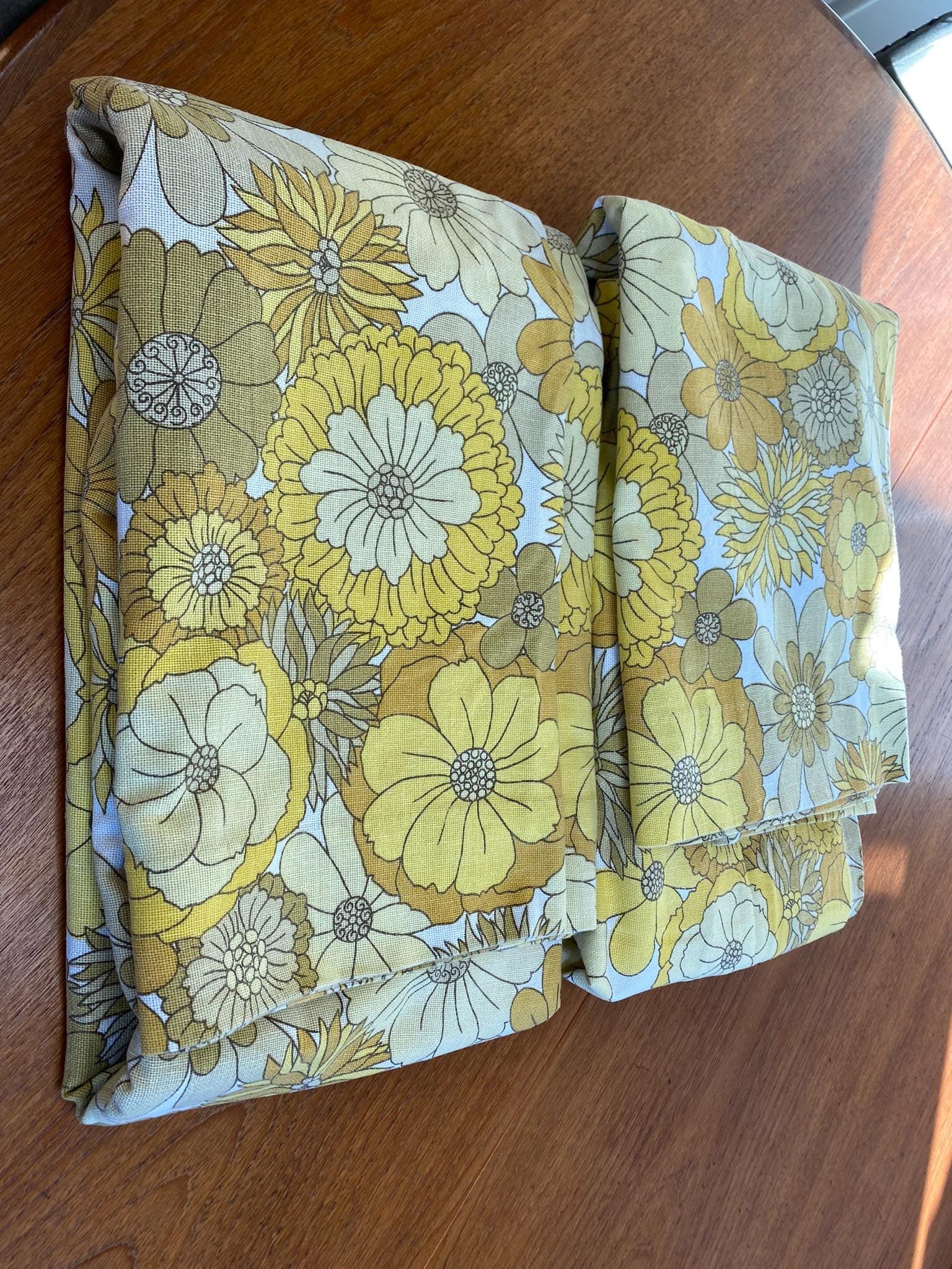 Pair of vintage retro 1970s curtains yellow floral St Michel