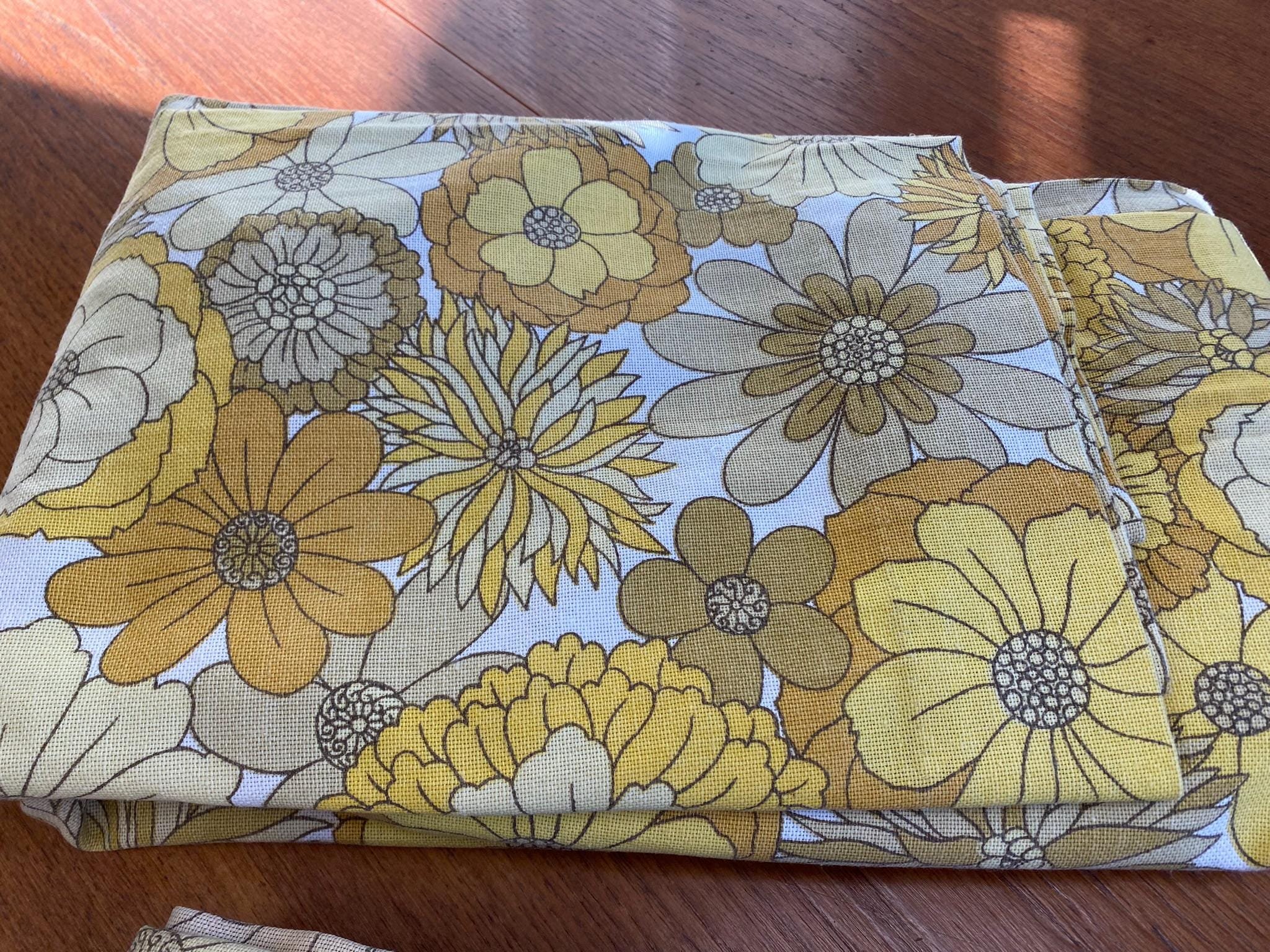 Pair of vintage retro 1970s curtains yellow floral St Michel