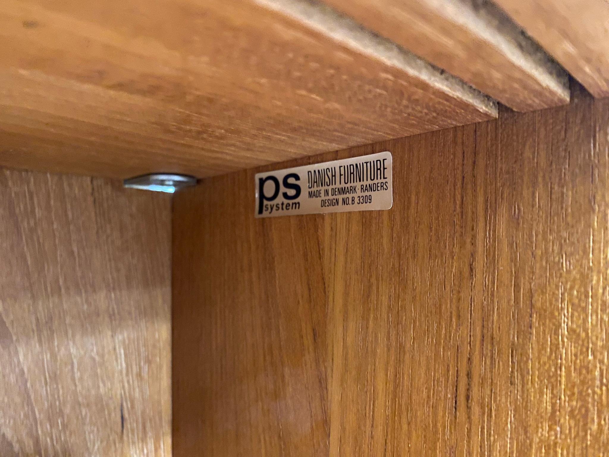 1960s mid century teak PS System, Danish Furniture glass sliding door floating wall cabinet design number 3309