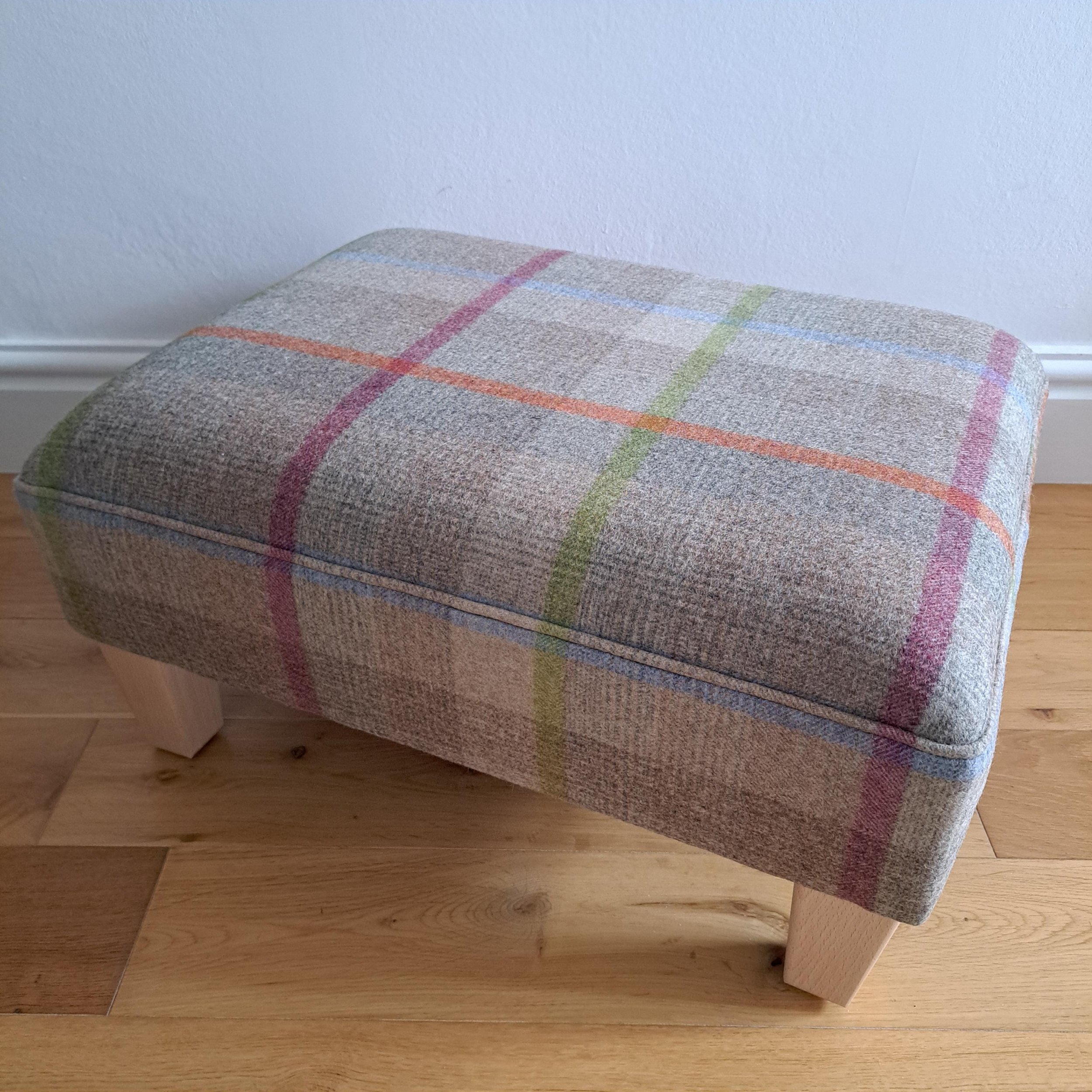 Reupholstered footstool checked tartan wool fabric grey