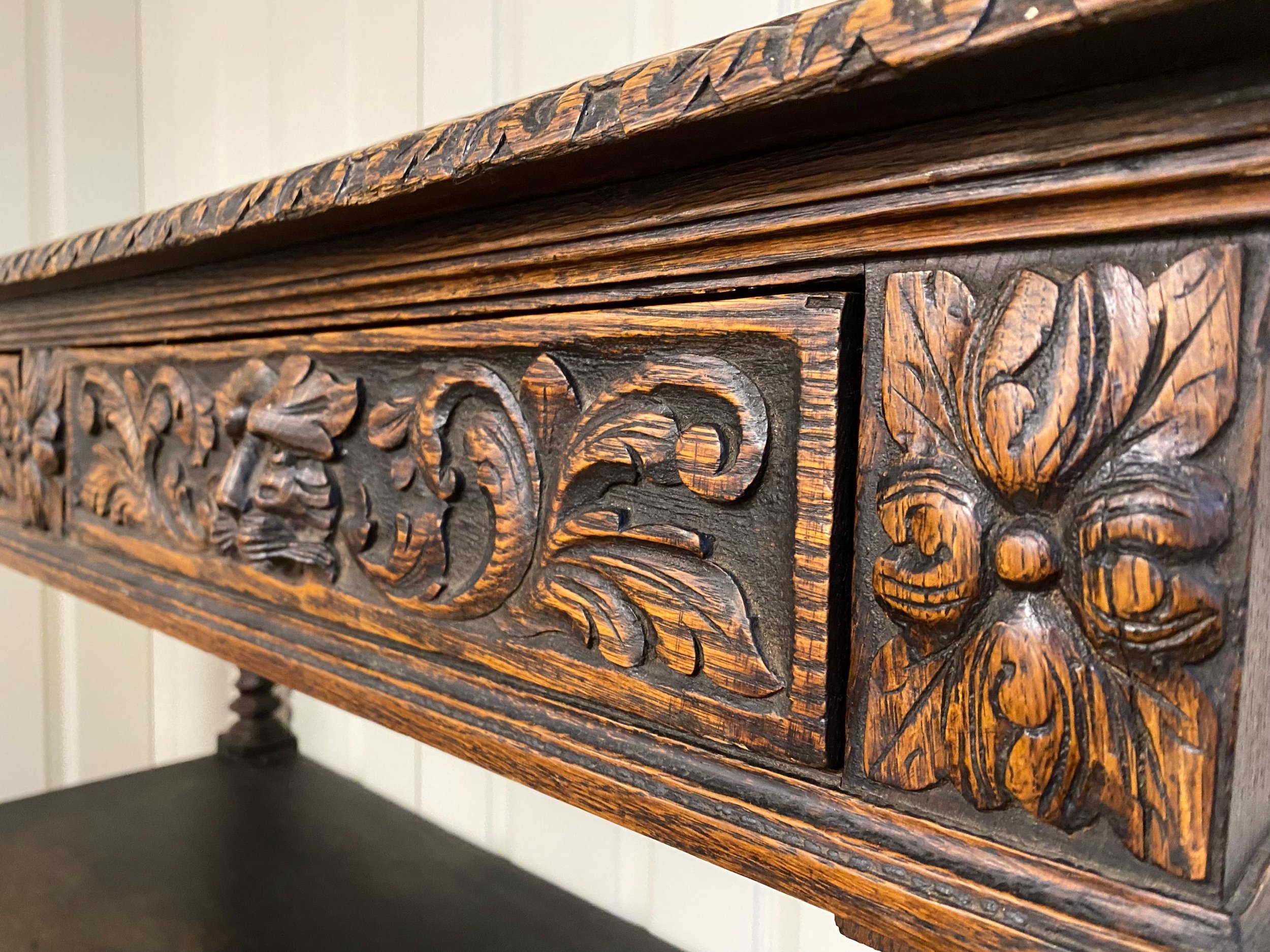 Antique Victorian French Dark Oak Carved Barley Twist Server Buffet Console