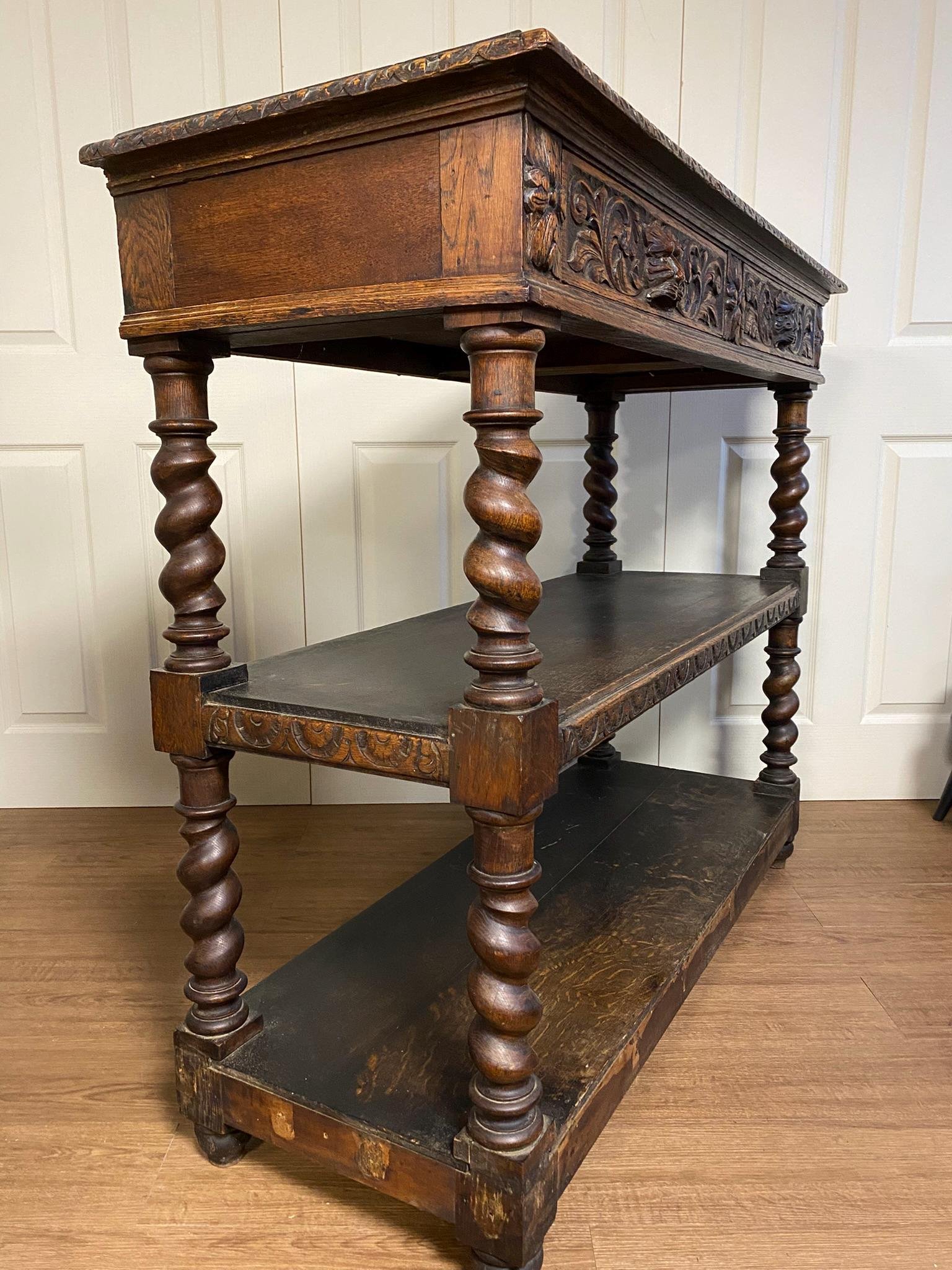 Antique Victorian French Dark Oak Carved Barley Twist Server Buffet Console