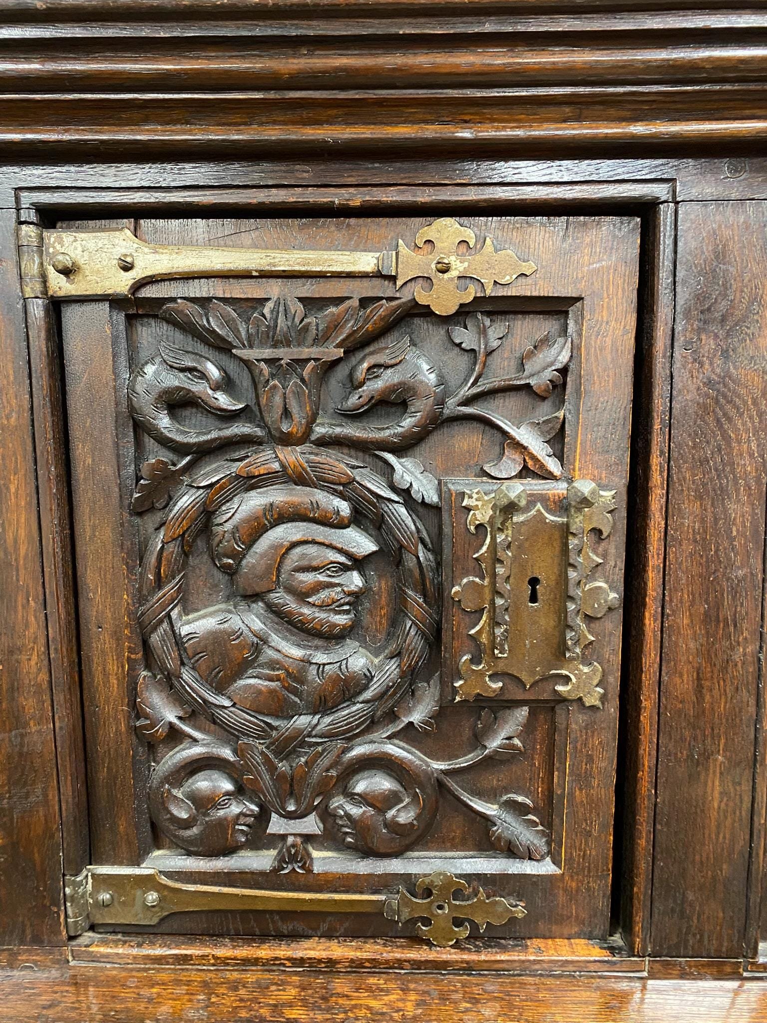 Antique Victorian Jacobean Style Oak Carved Server Buffet Drinks Cabinet