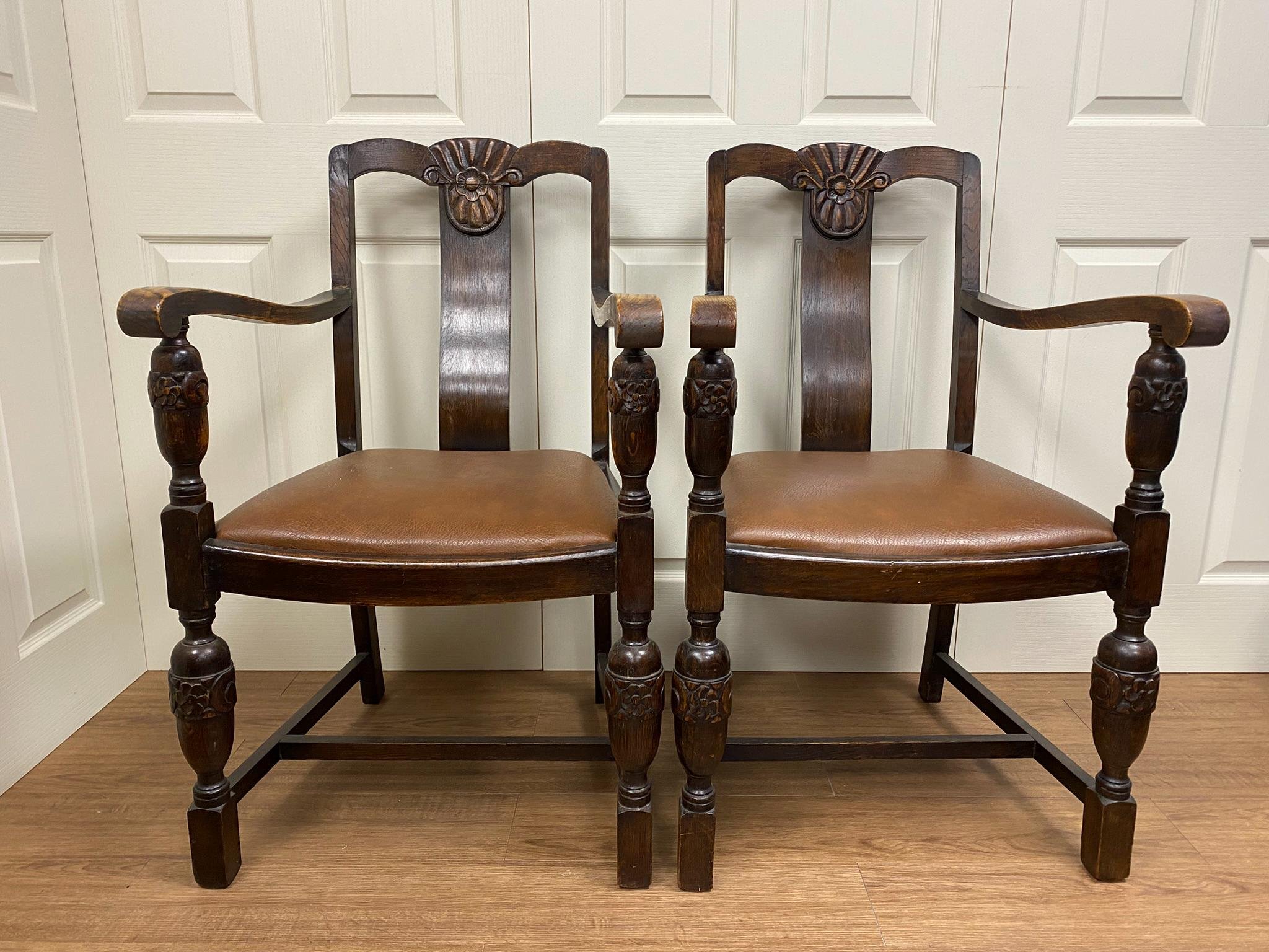 Antique Edwardian Dark Oak Carved Carver Chairs