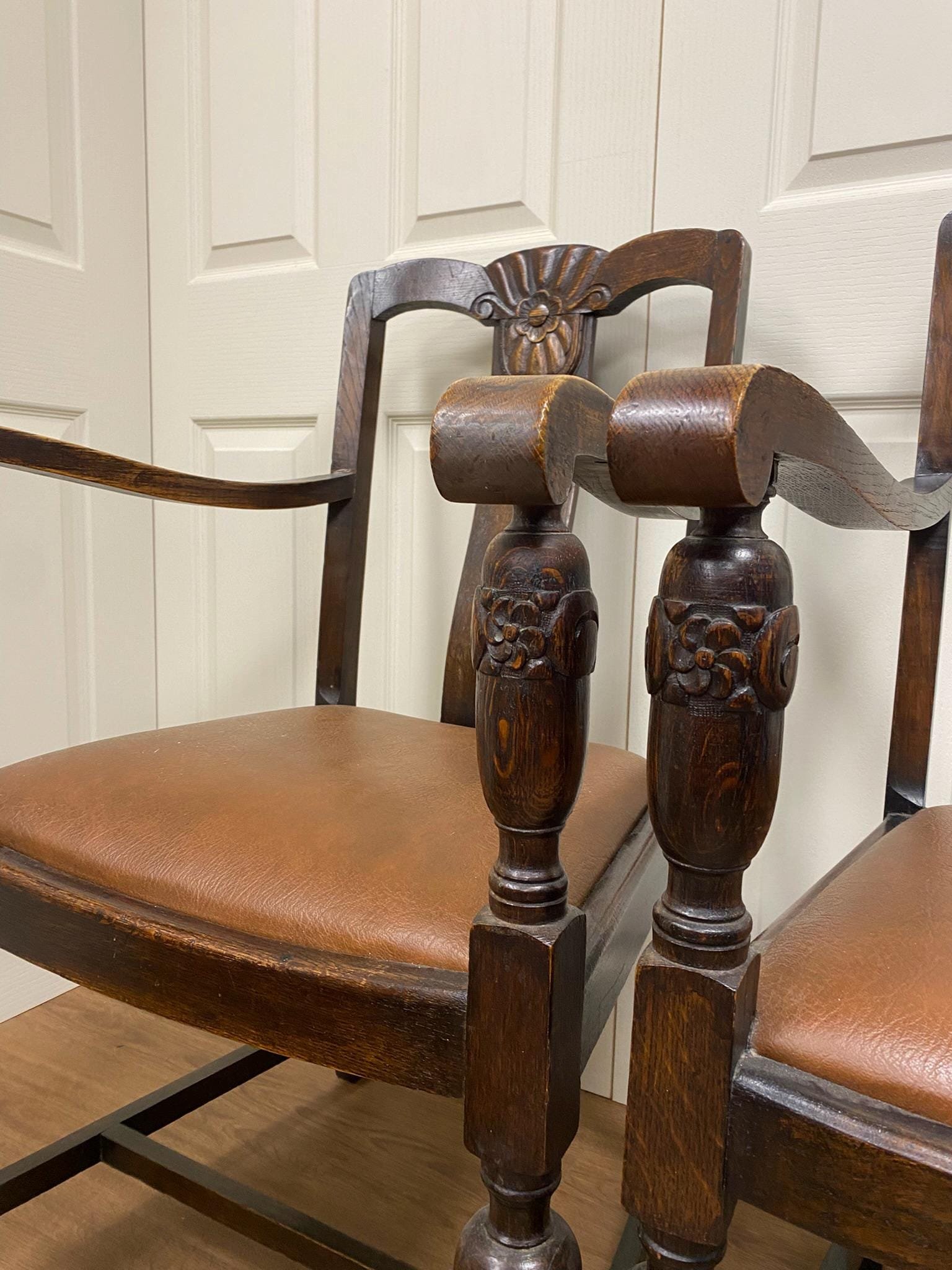 Antique Edwardian Dark Oak Carved Carver Chairs