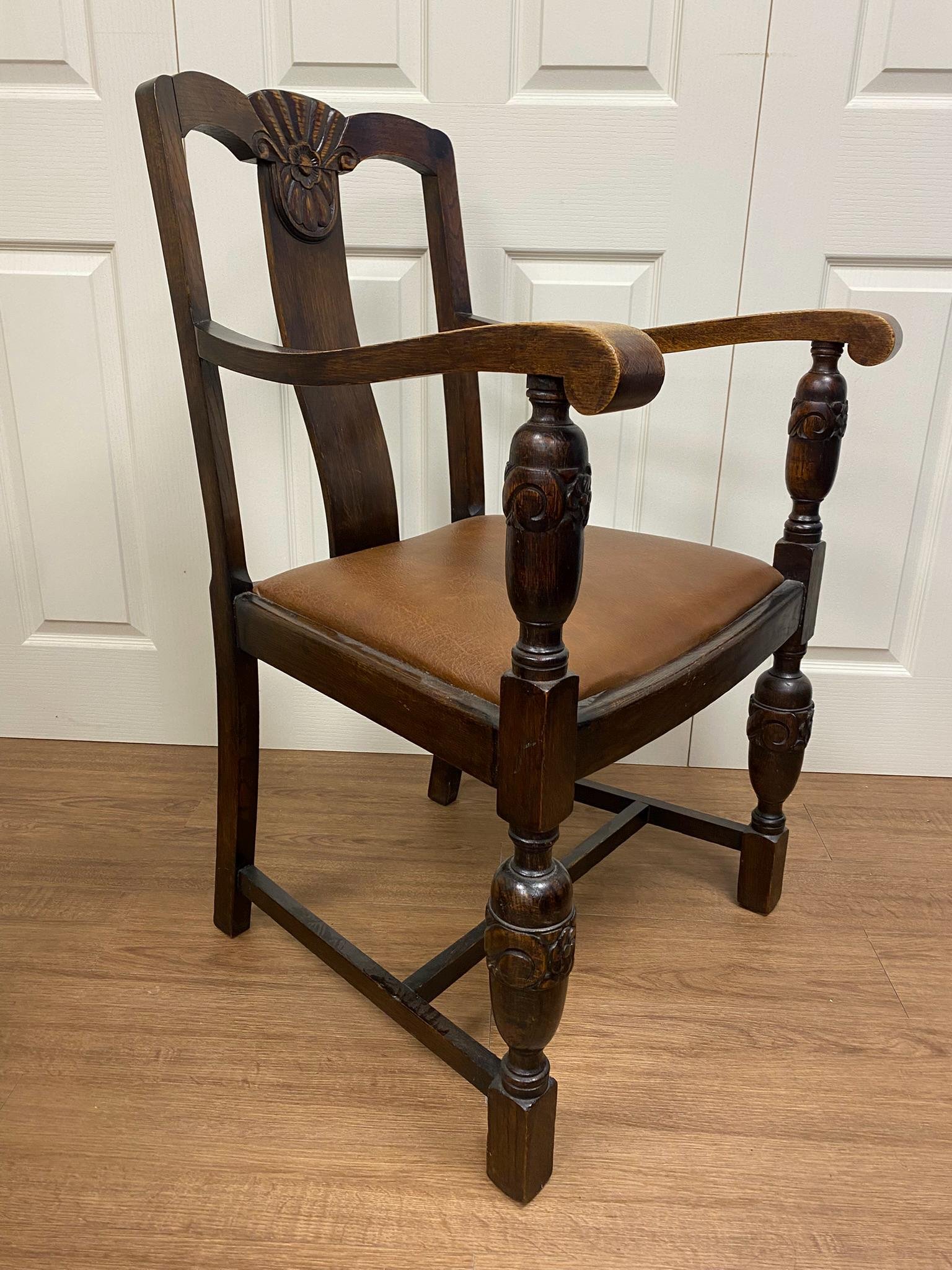 Antique Edwardian Dark Oak Carved Carver Chairs