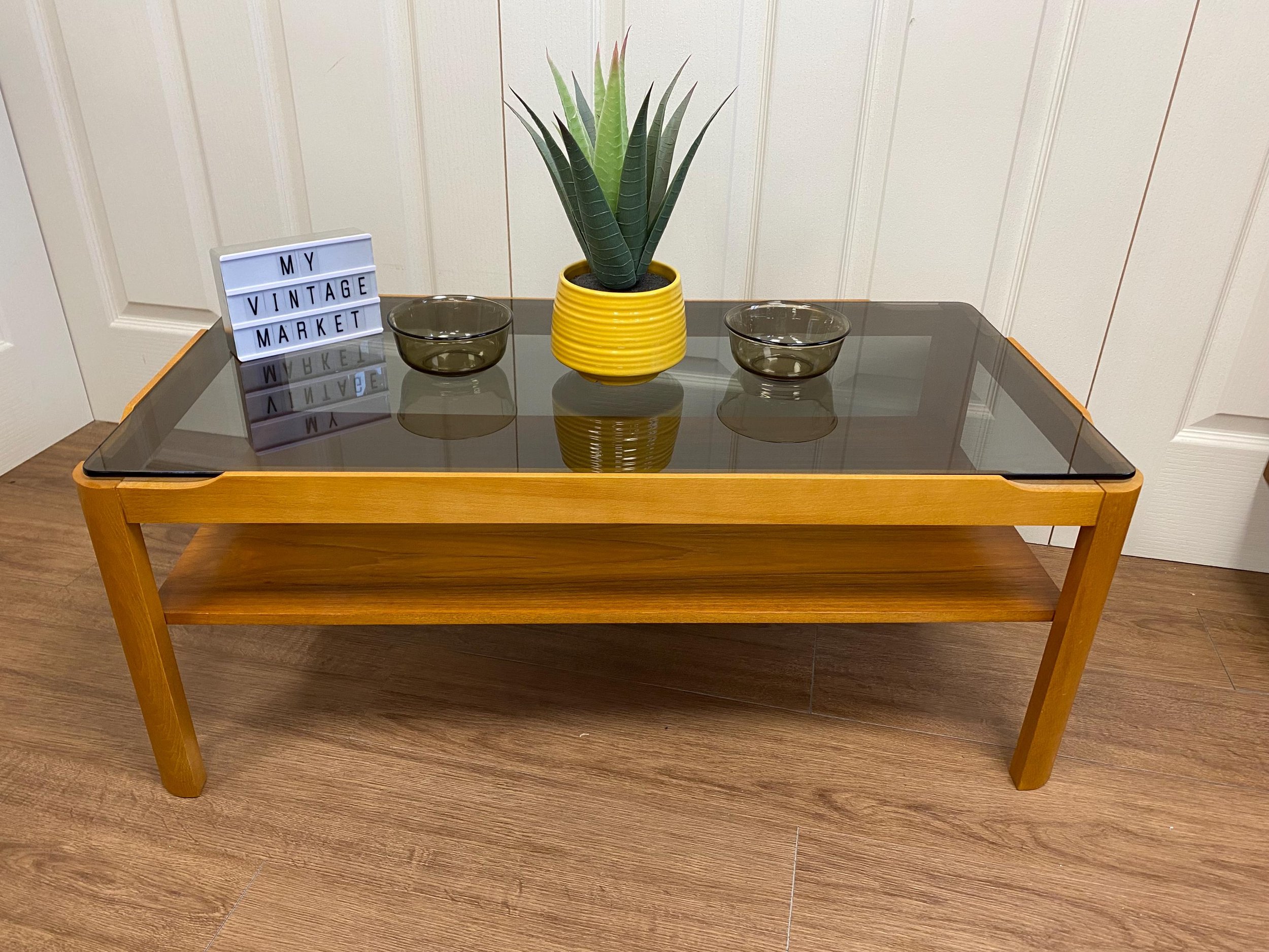 Mid century two tier teak and smoked glass coffee table by Myer