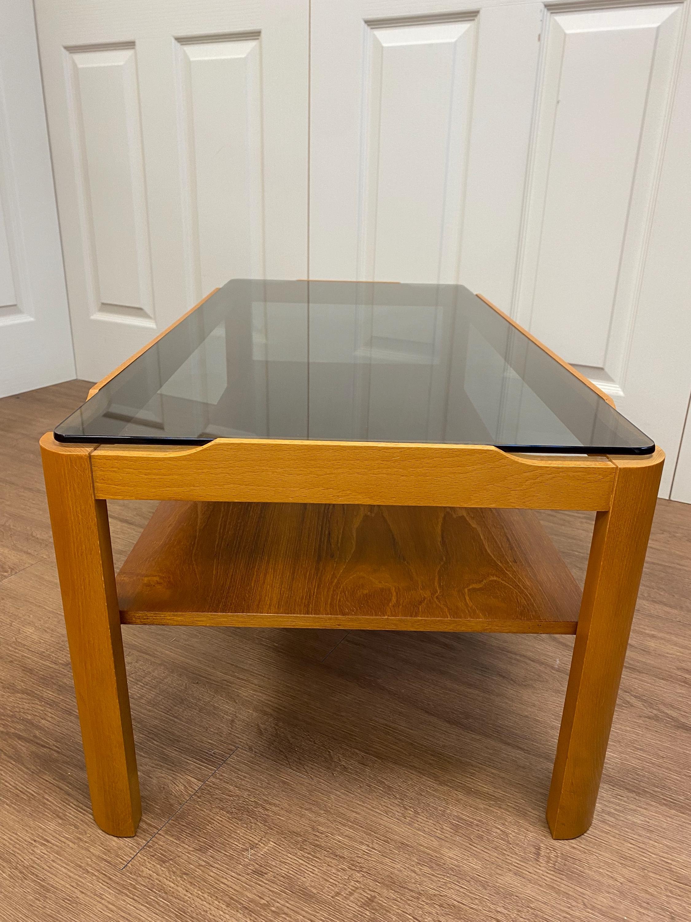 Mid century two tier teak and smoked glass coffee table by Myer