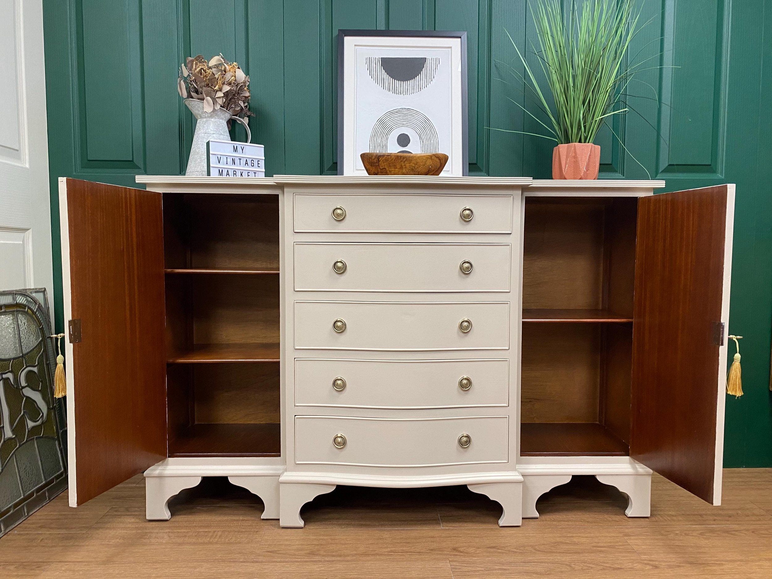 Vintage refurbished serpentine antique style sideboard bow front stone and gold