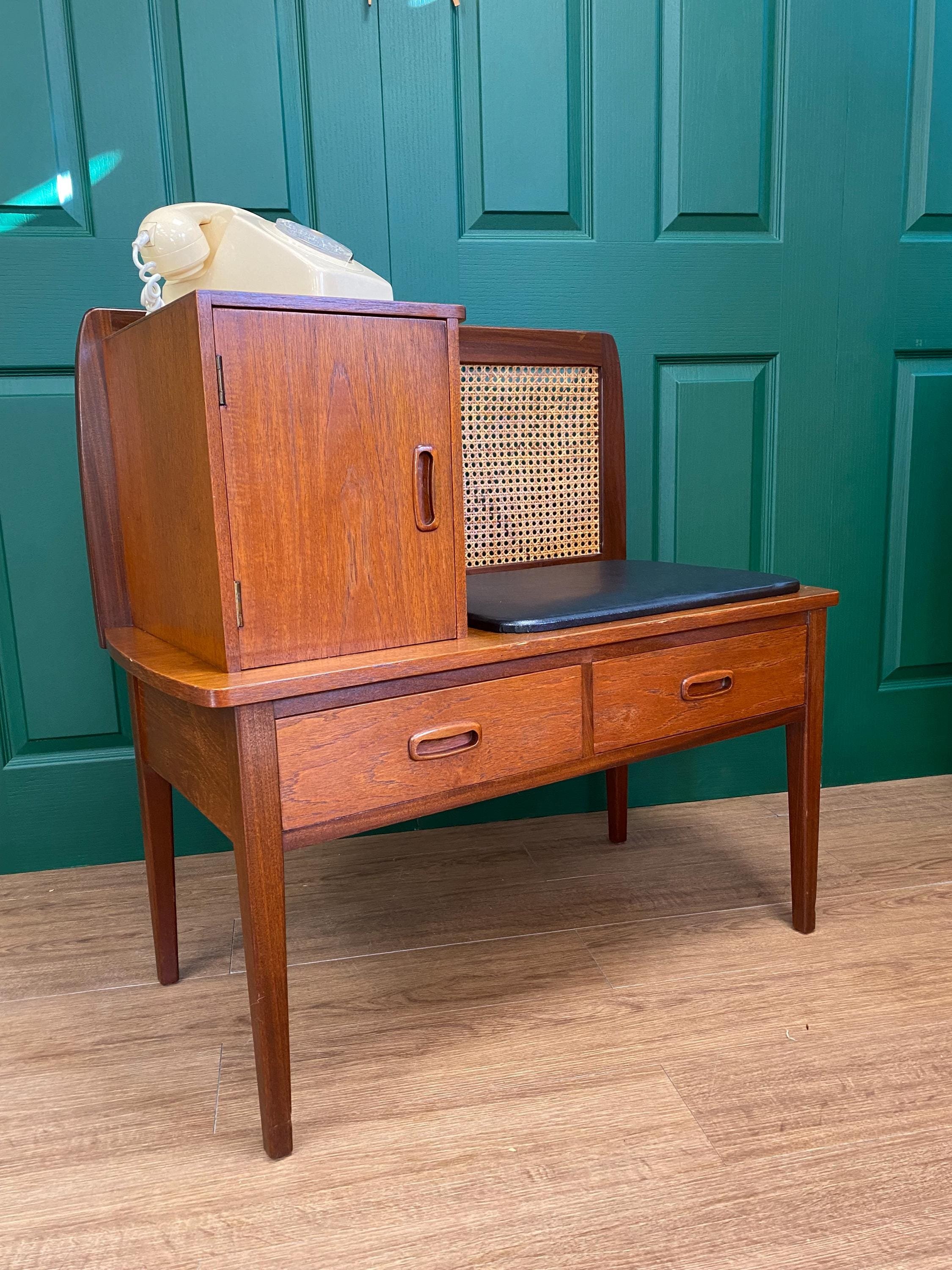 Vintage mid century 1960s teak telephone table rattan back