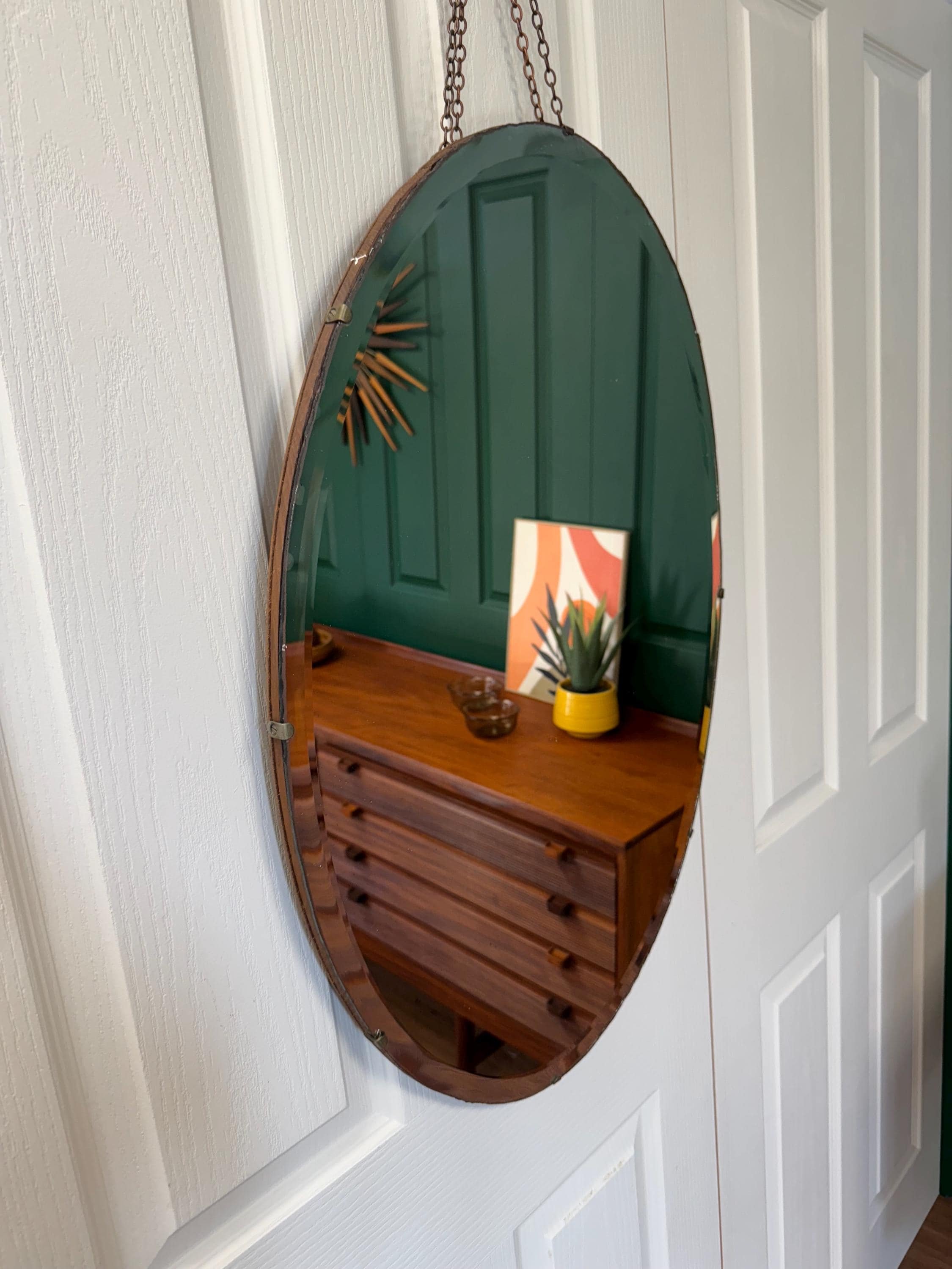 Vintage Art Deco oval frameless wall mirror bevelled edge