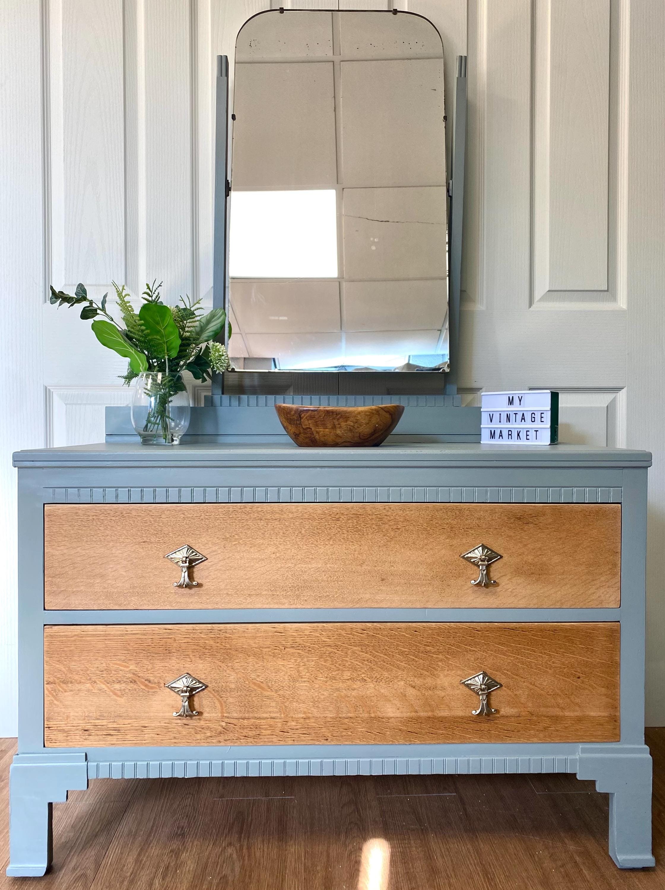 Refurbished antique 1940s dressing table oak sage green gold
