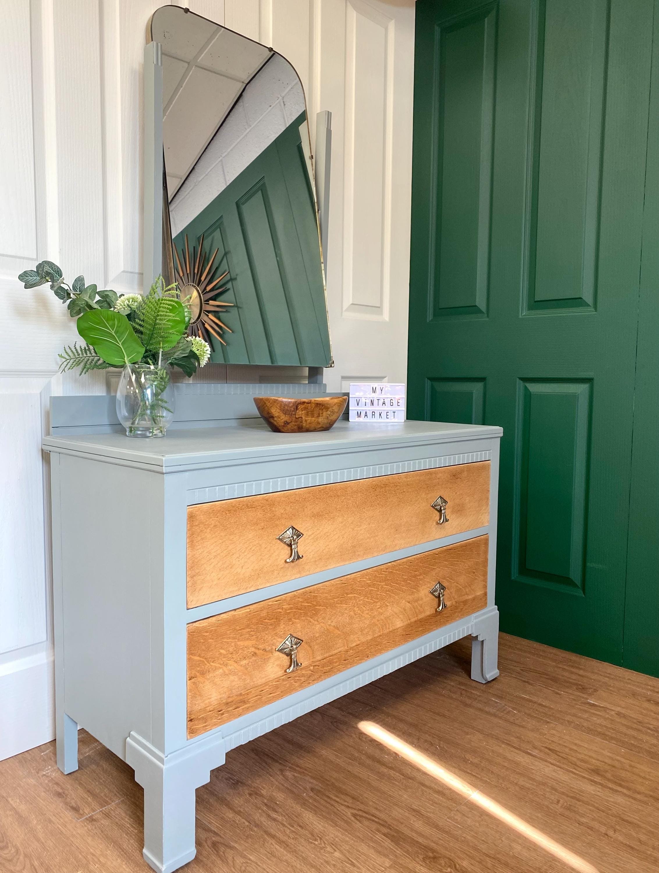 Refurbished antique 1940s dressing table oak sage green gold