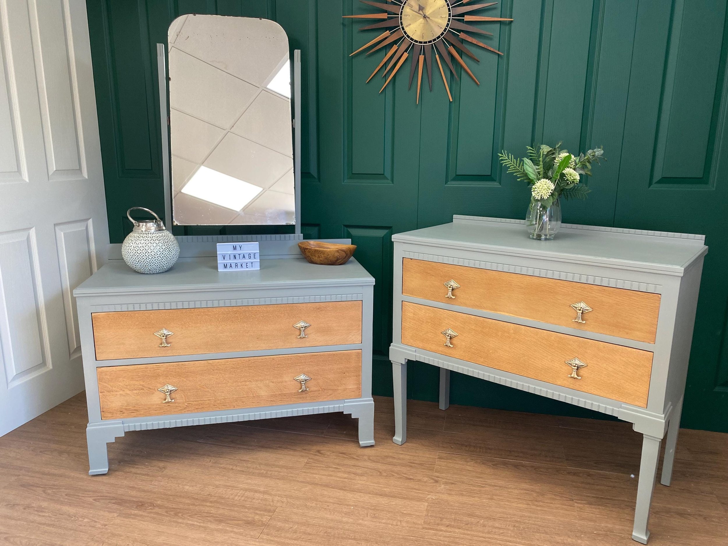 Refurbished antique 1940s dressing table oak sage green gold