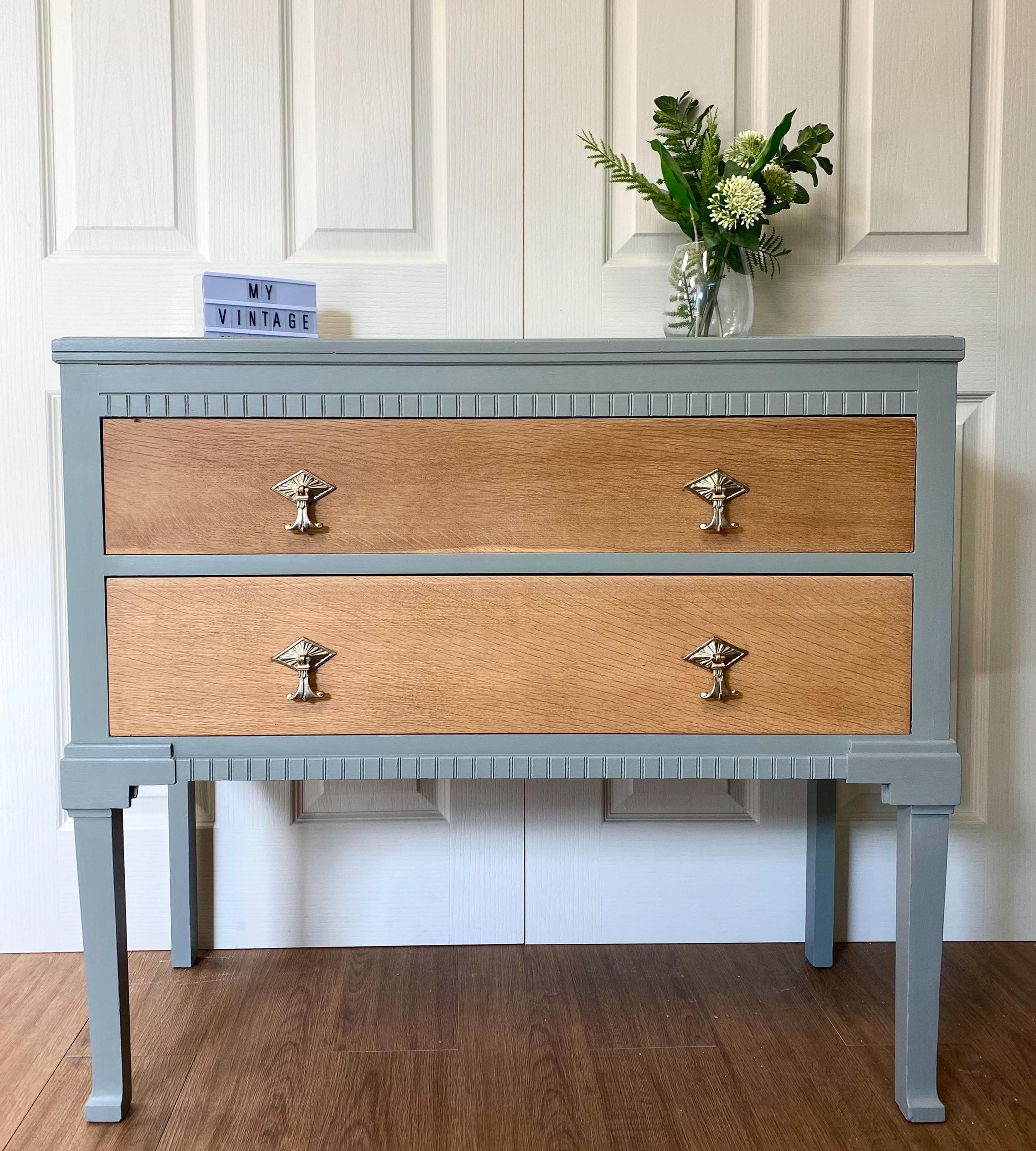 Refurbished antique 1940s chest of drawers oak sage green gold